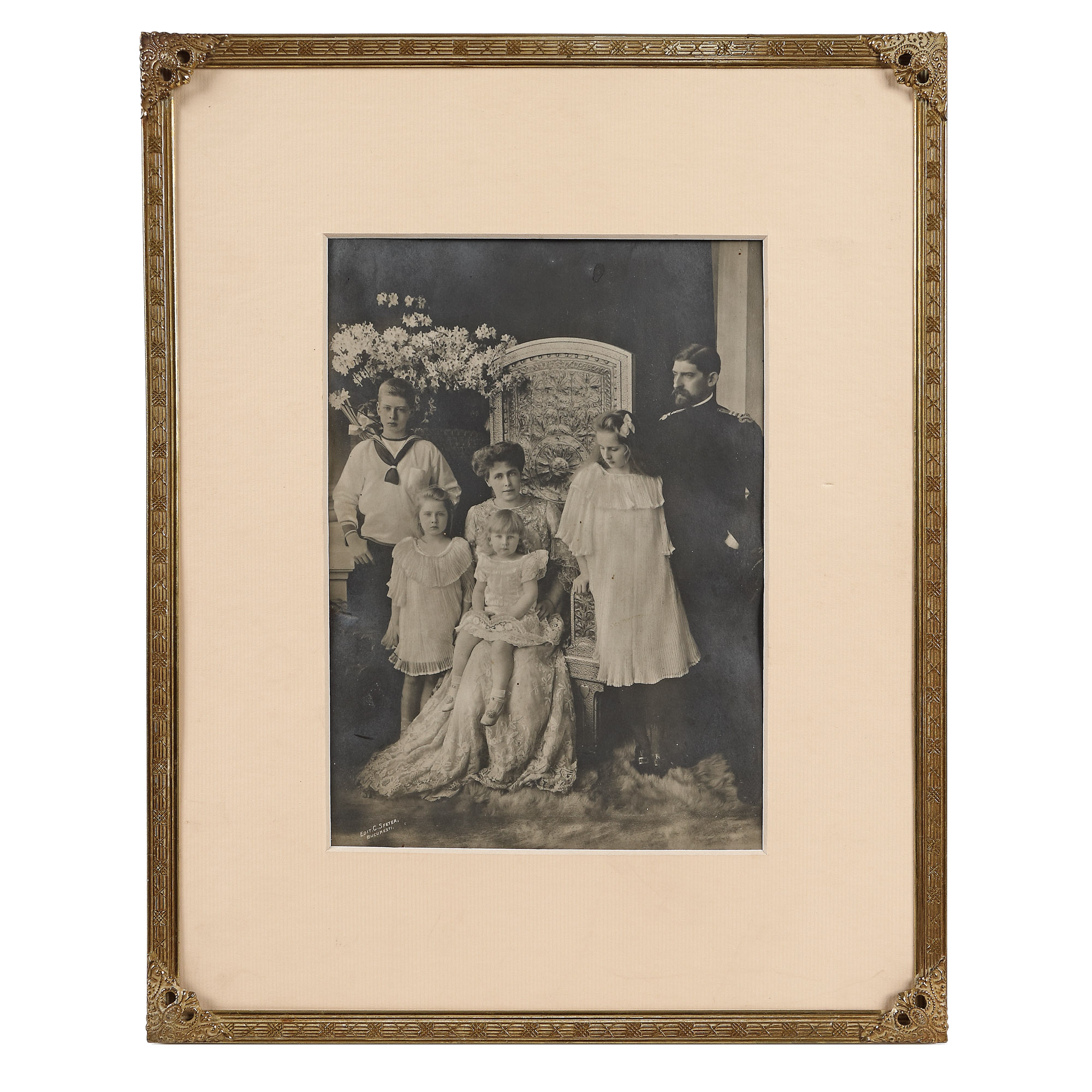 Vintage photograph illustrating Prince Ferdinand, Princess Maria, Princesses Mărioara and Elizabeth, Princes Carol and Nicolae, 1907