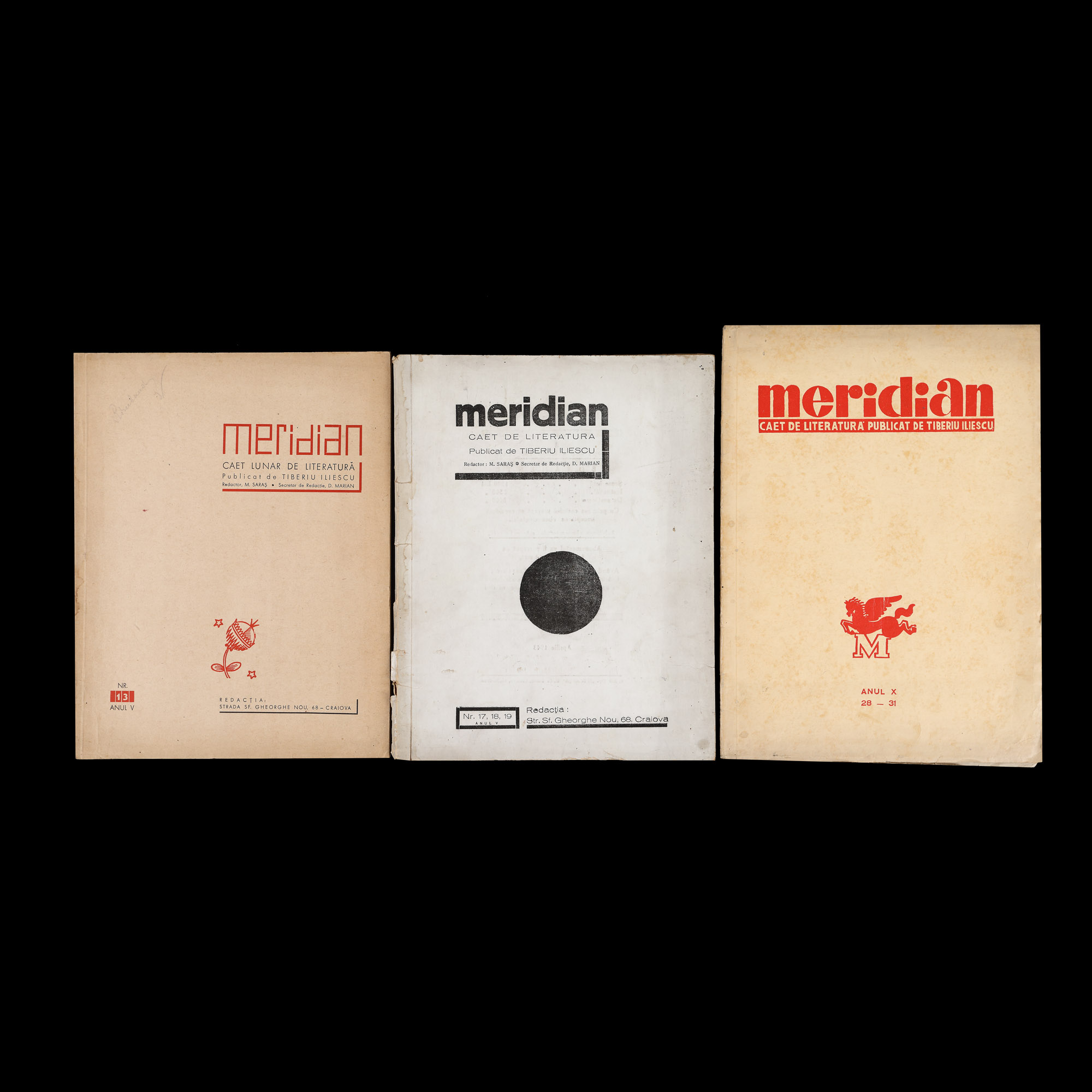 Lot format din trei reviste ”Meridian”, numerele 13, 17-19 și 28-31, Craiova, 1943-1945