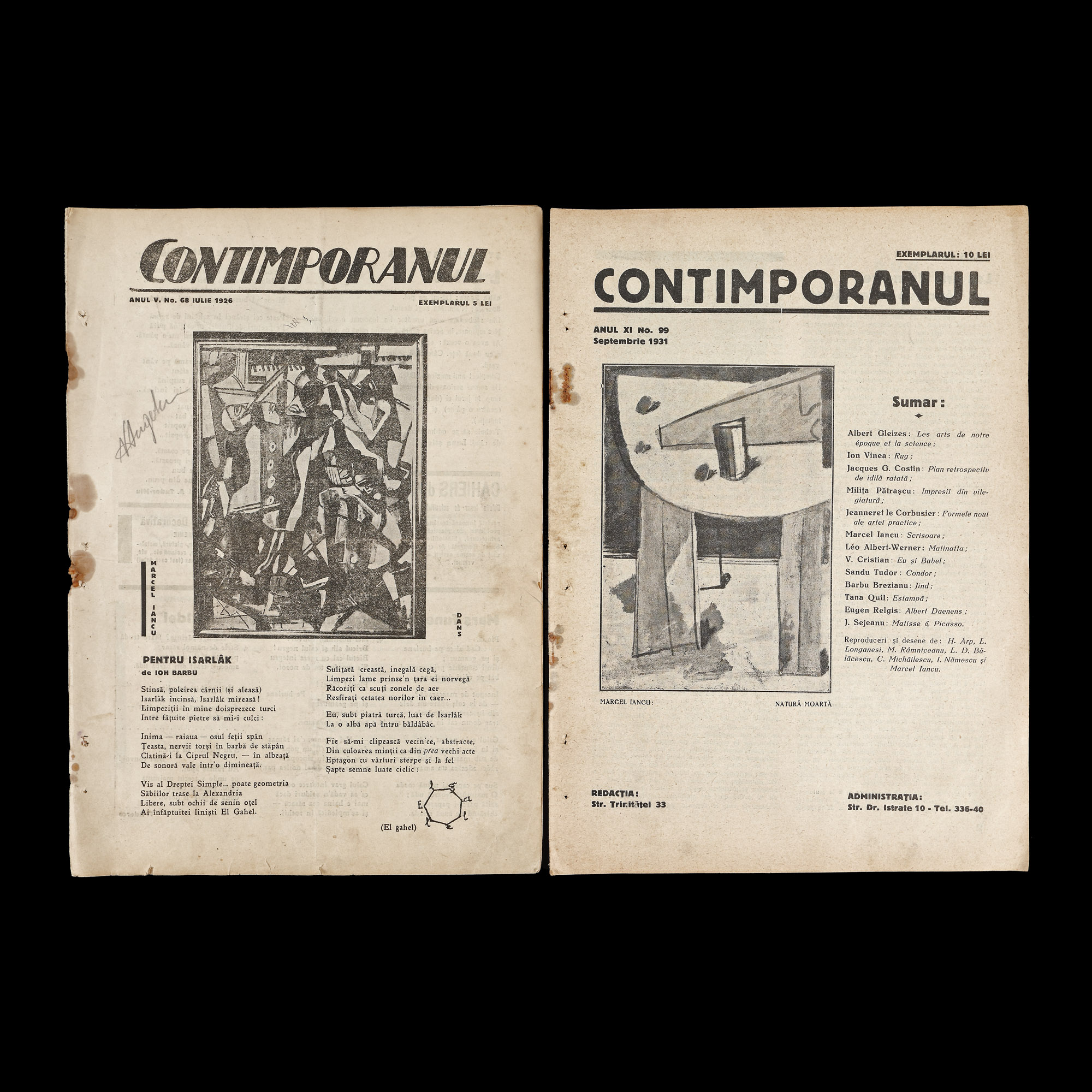 Two "Contimporanul" magazines, issues 68 and 99, 1926 and 1931