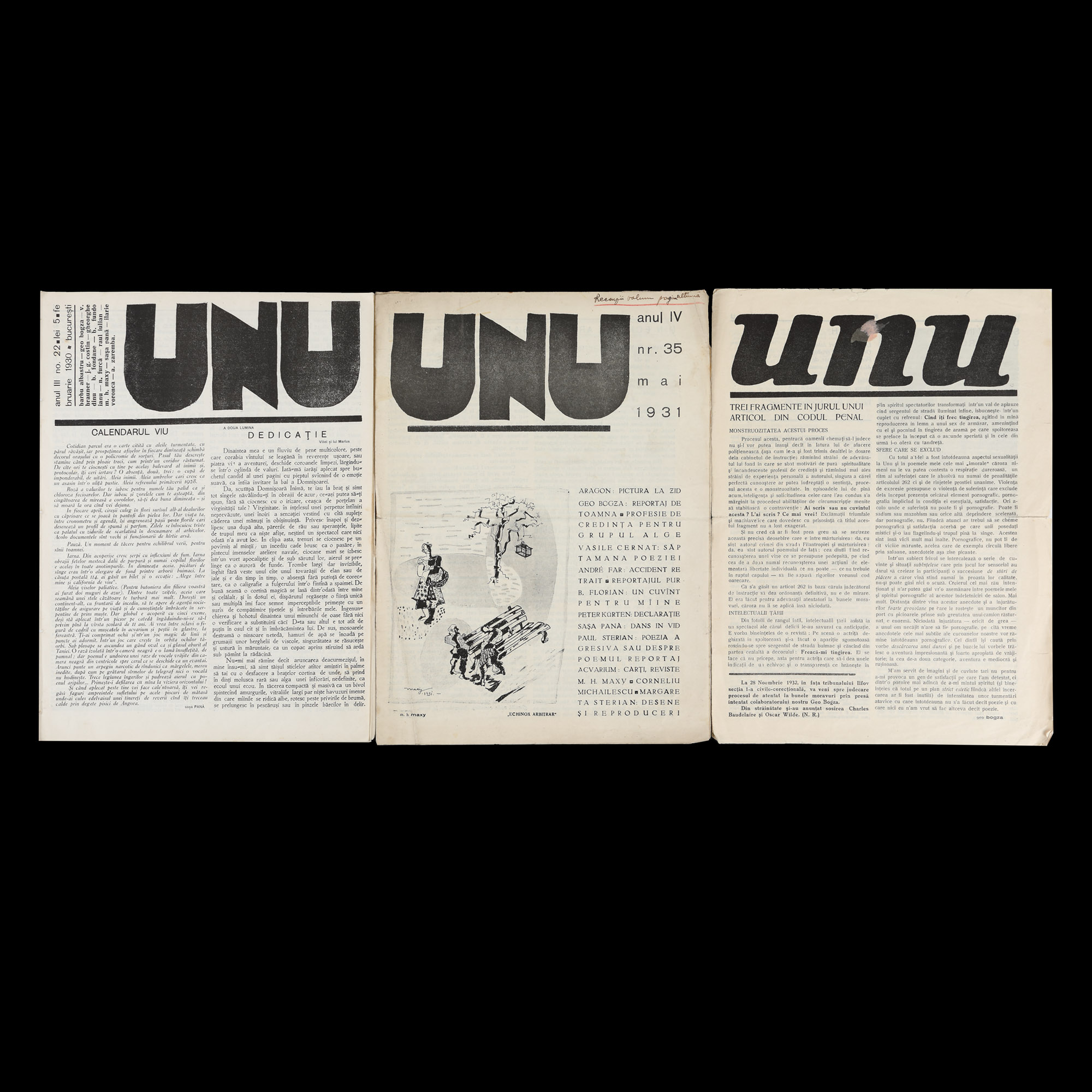 Three "Unu" magazines, issues 22, 35 and 49, Bucharest, 1920-1932