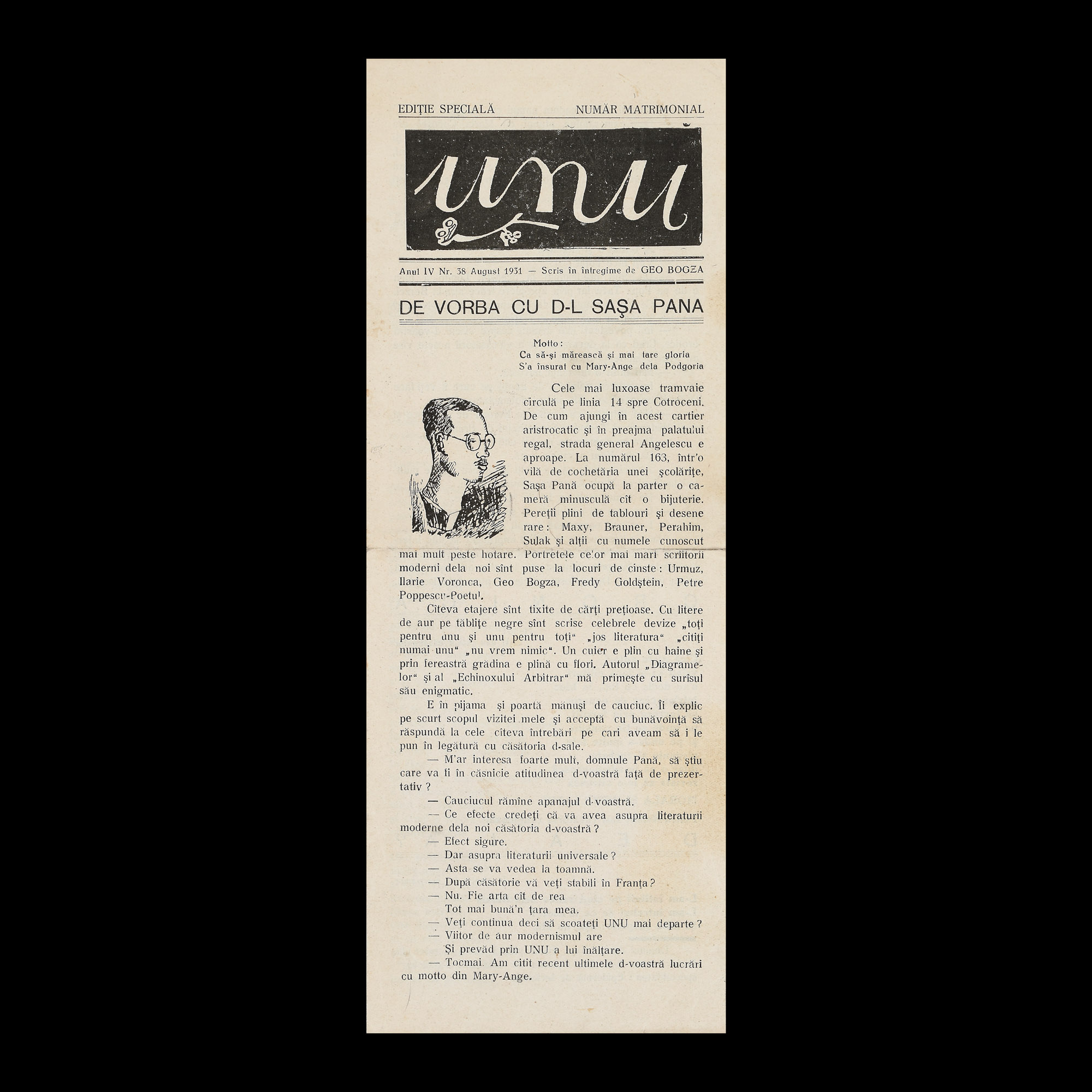 "Unu" magazine, issue 38, Bucharest, August 1931, small format