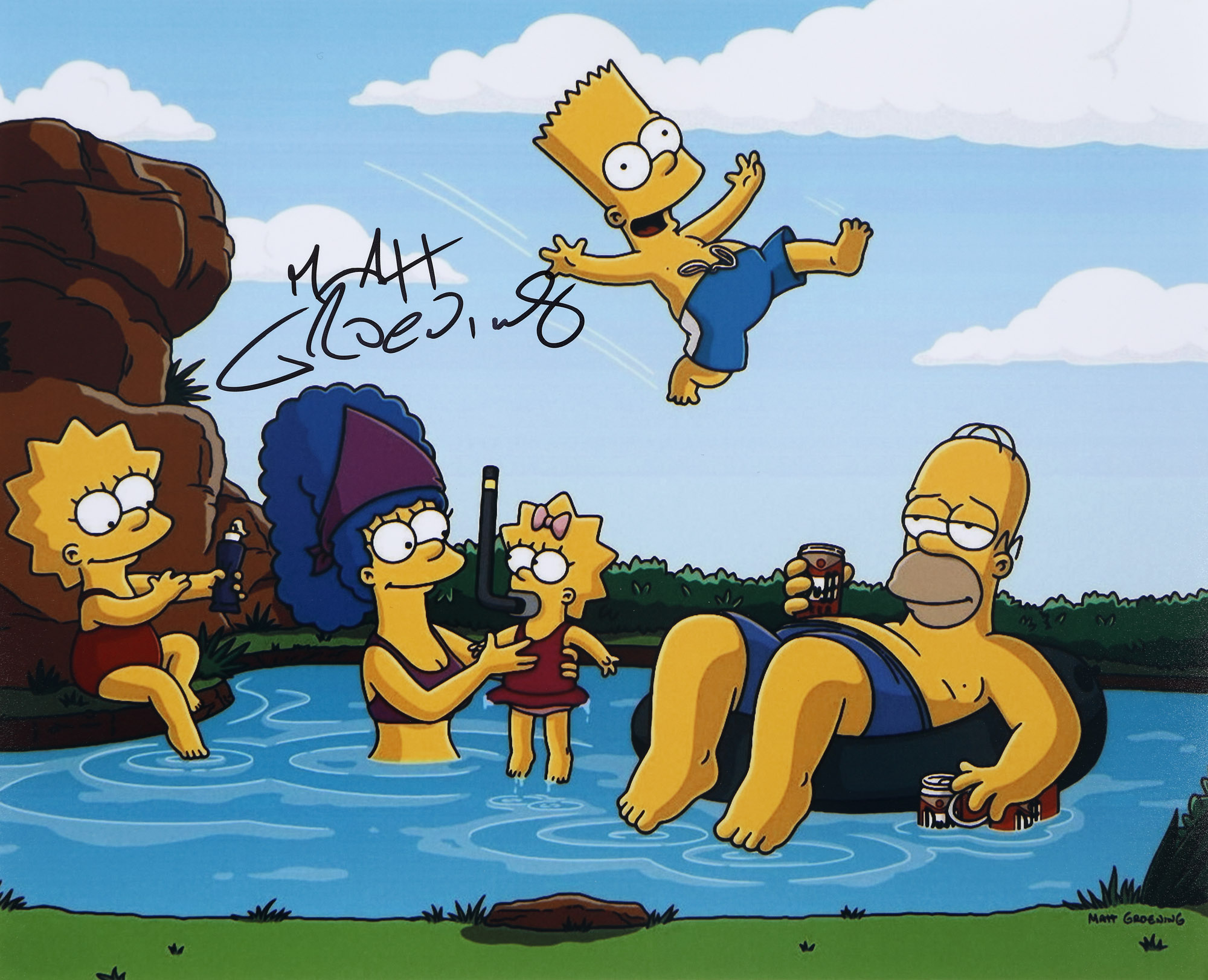 Photograph depicting a scene from the animated series The Simpsons, with autograph of the creator of the series, the American cartoonist Matt Groening, certificate of authenticity