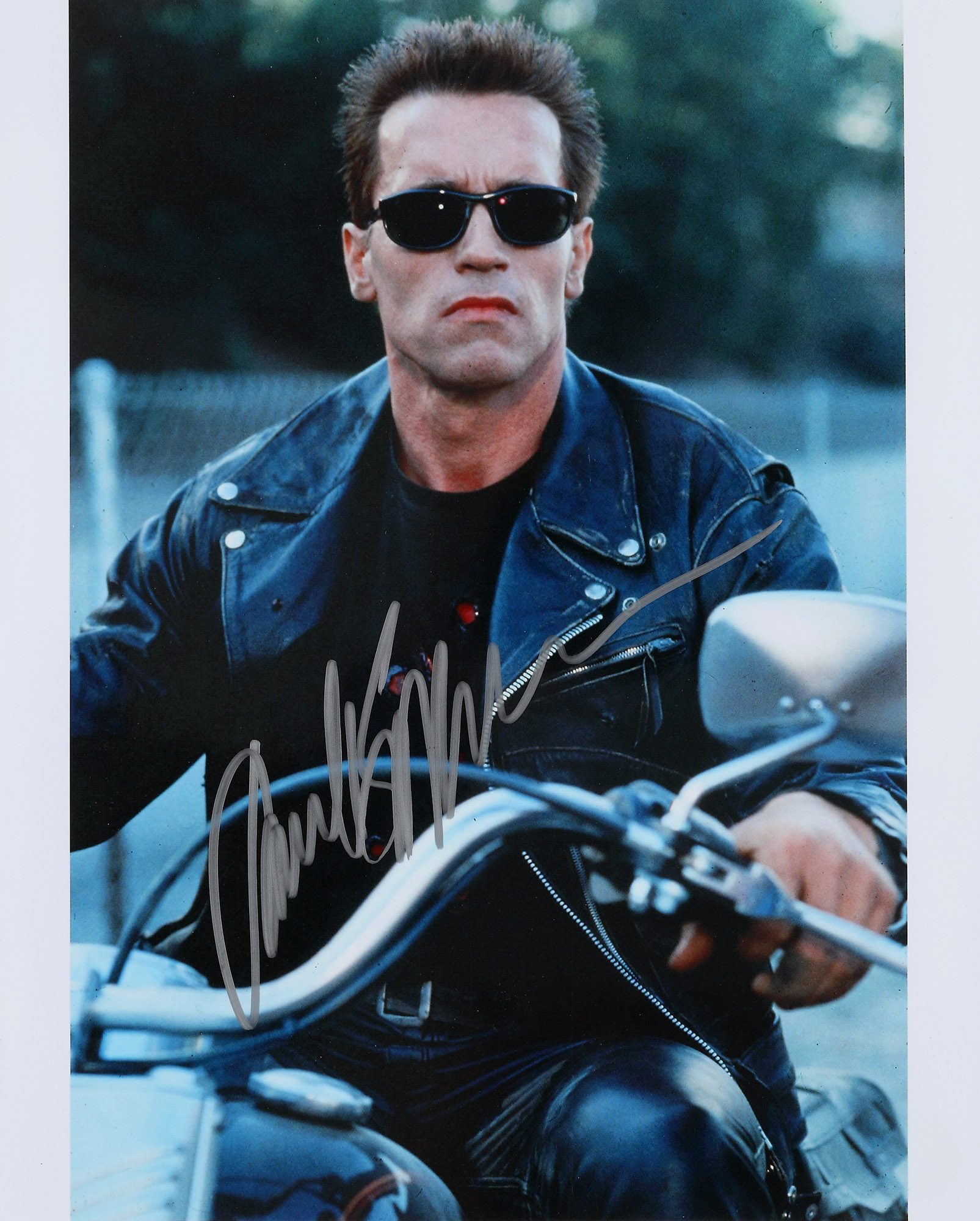 Fotografie ilustrându-l pe Arnold Schwarzenegger, din filmul Terminator 2, cu semnătura olografă a actorului, însoțită de certificatul de autenticitate