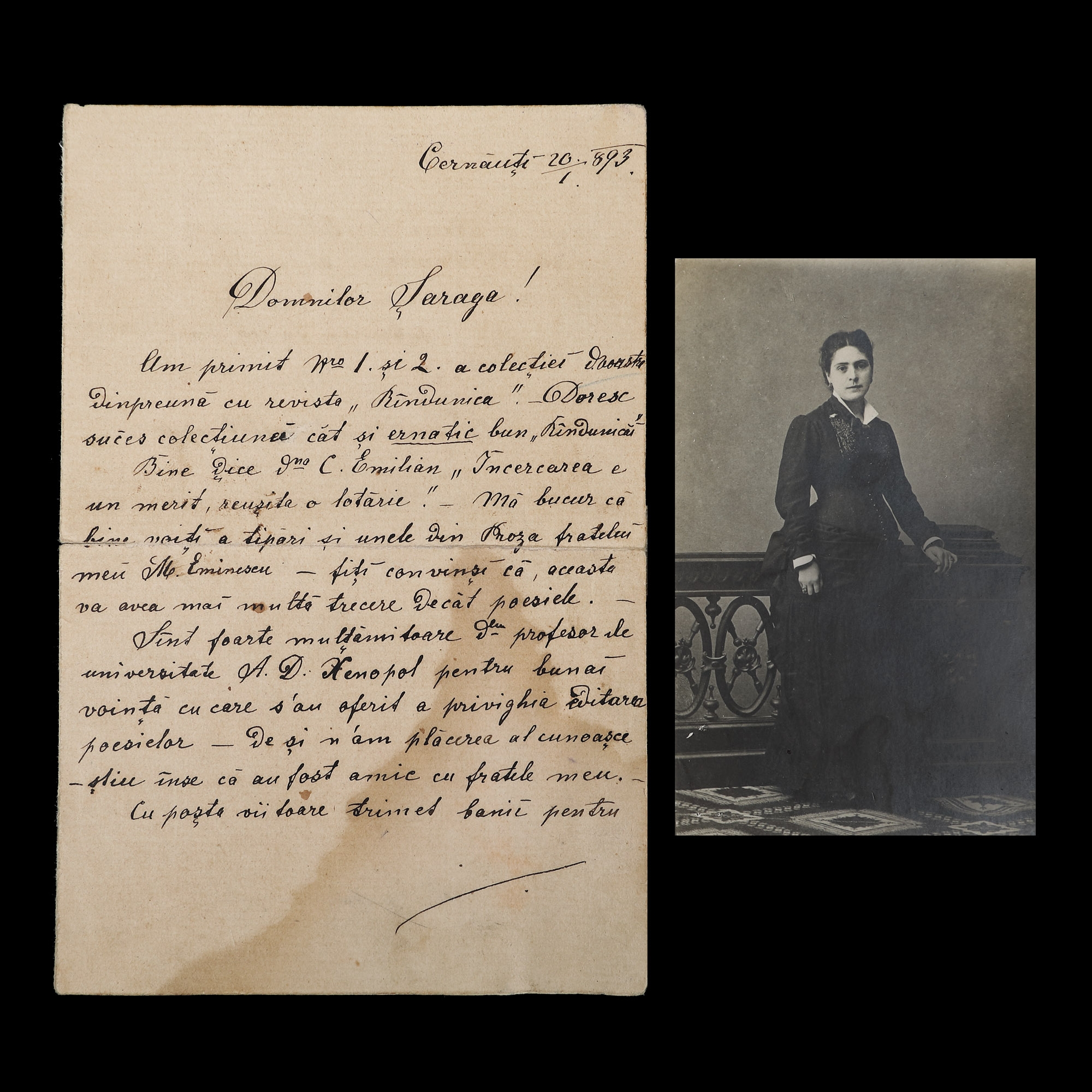 Lot format din scrisoare trimisă de Aglae Eminescu editorului Elias Șaraga, despre publicarea unor texte ale ”... fratelui meu M. Eminescu”, Cernăuți, 20 ianuarie 1893, cu semnătura olografă (1 filă) și fotografie ilustrându-o pe Aglae Eminescu, cca. 1890, piesă rară, de colecție