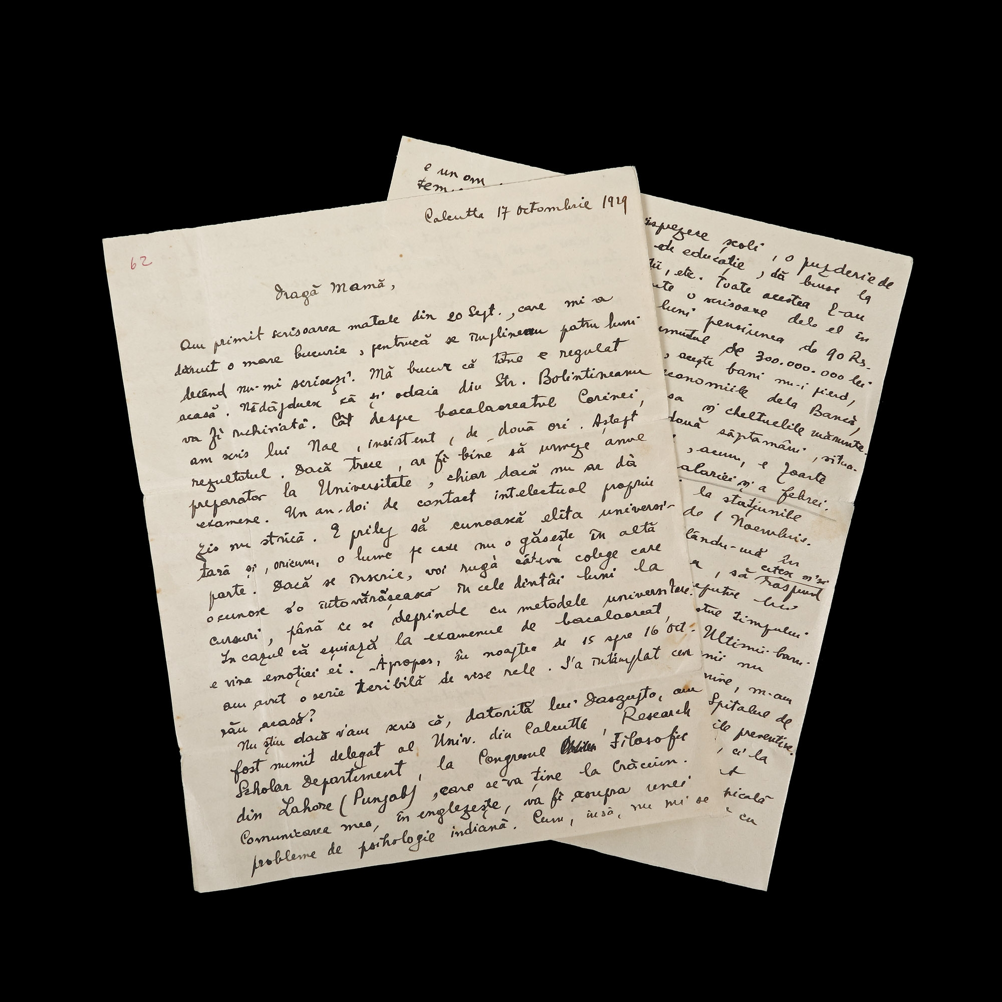Scrisoare trimisă de Mircea Eliade mamei sale, despre perioada petrecută în India și planul de înființare a unei catedre de Istoria și Filosofia Religiilor la București, Calcutta, 17 octombrie 1929, piesă foarte rară, de colecție (2 file)