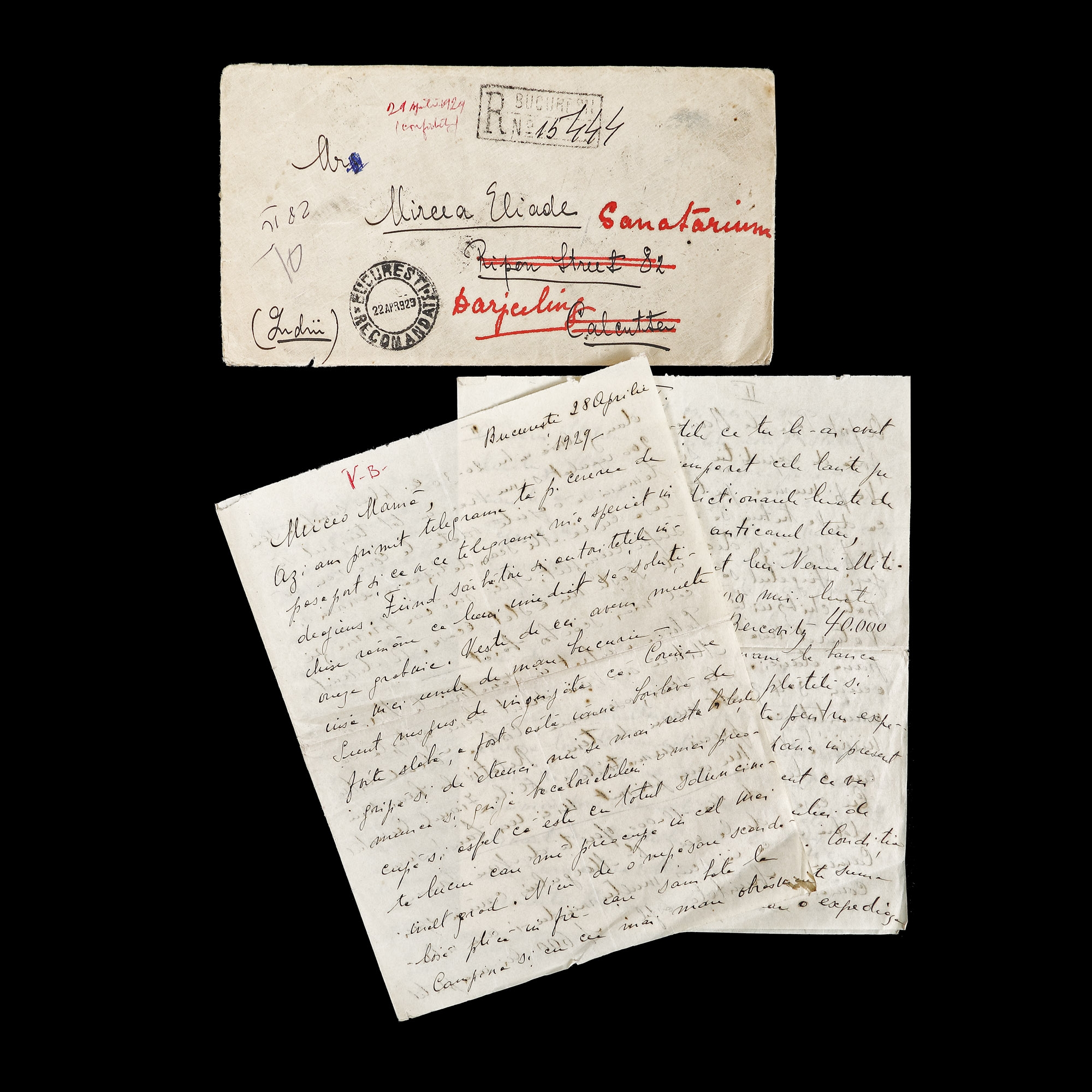 Scrisoare trimisă de părinți lui Mircea Eliade în perioada în care studia la Calcutta, București, 28 aprilie 1929, cu plic, de colecție (4 file)