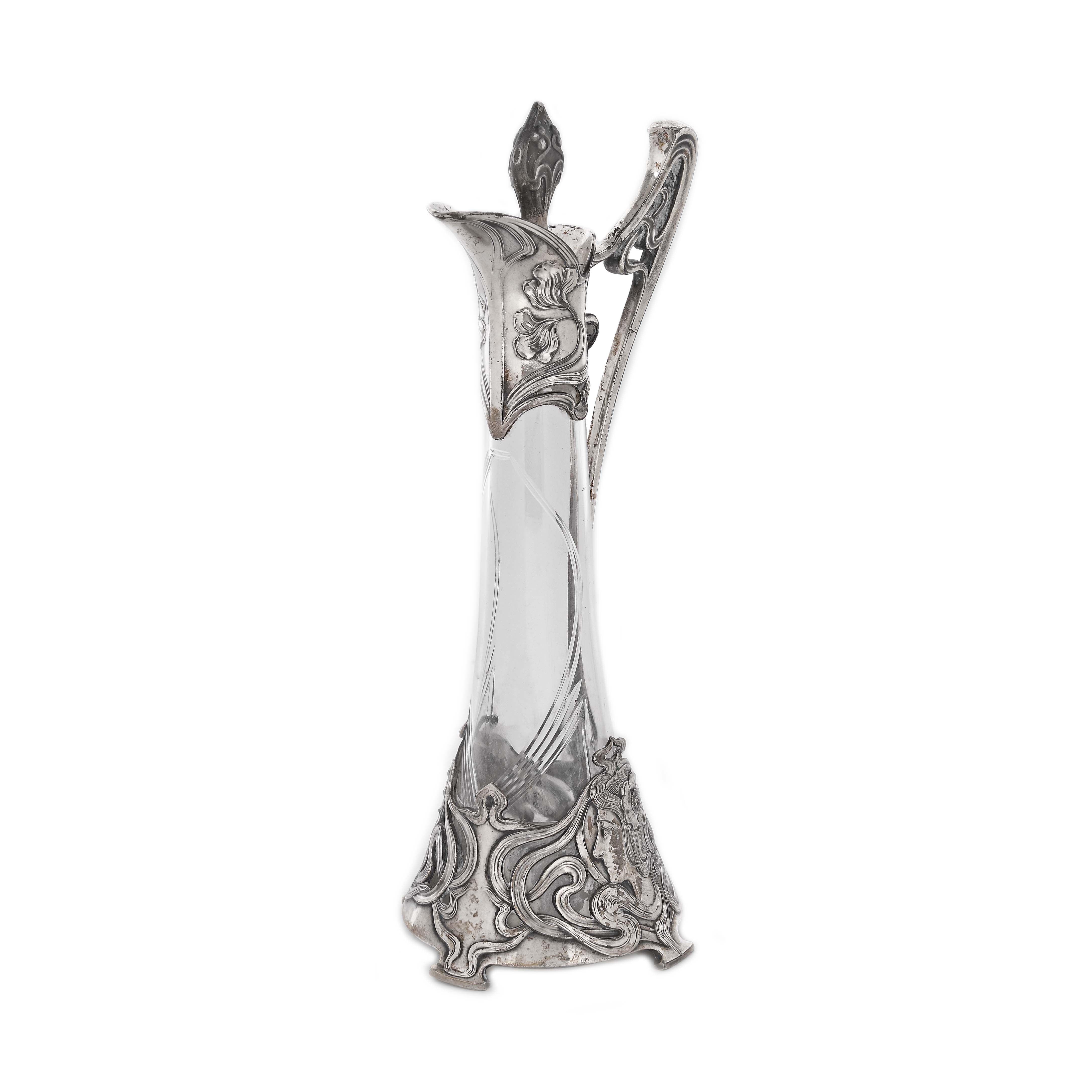 WMF carafe, Art Nouveau, decorated with a woman's profile and iris flowers, approx. 1906