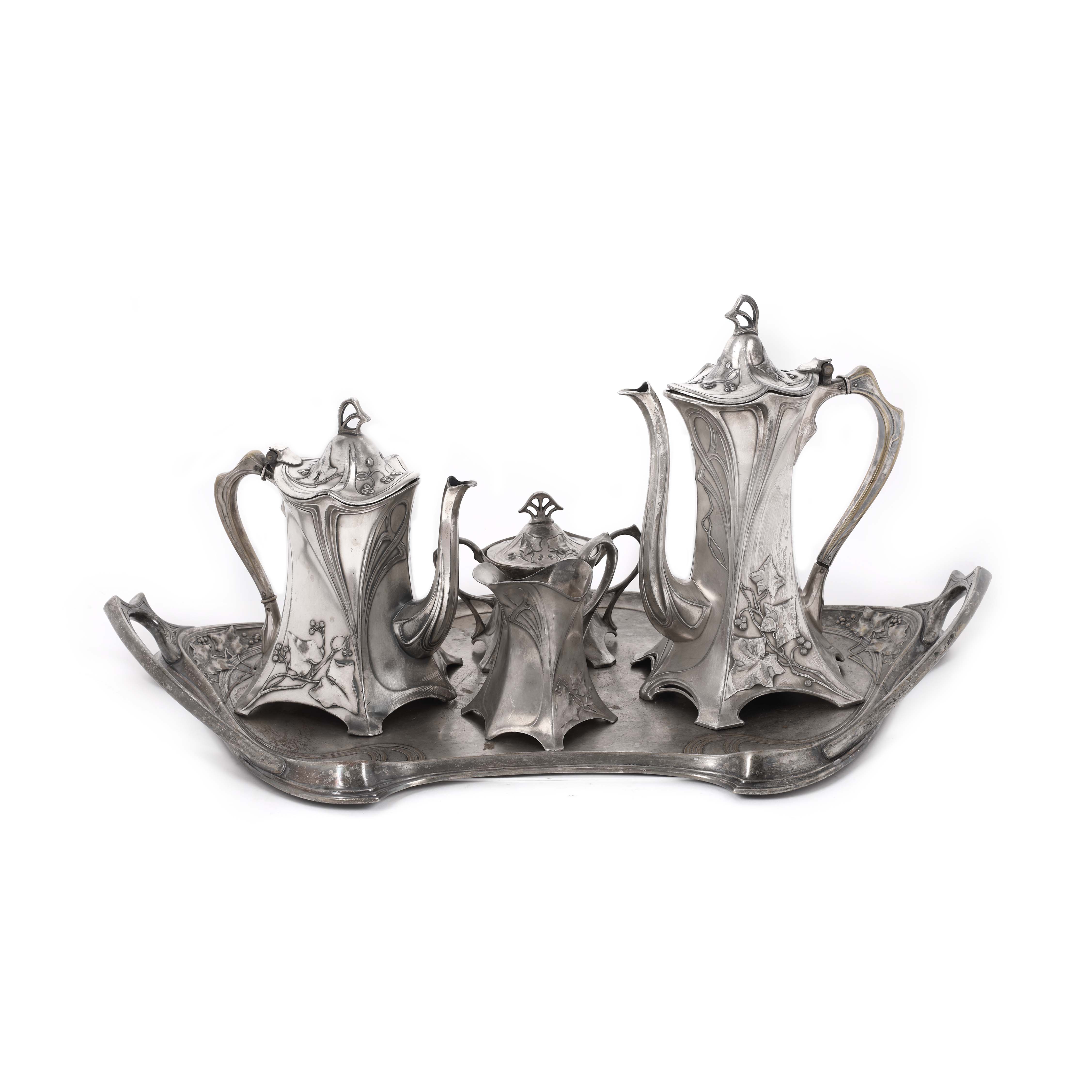 WMF set, for tea and coffee, consisting of kettle, coffee pot, milk pot, sugar bowl and tray, approx. 1906, with the Nicolau and Frații Roller stores in Bucharest