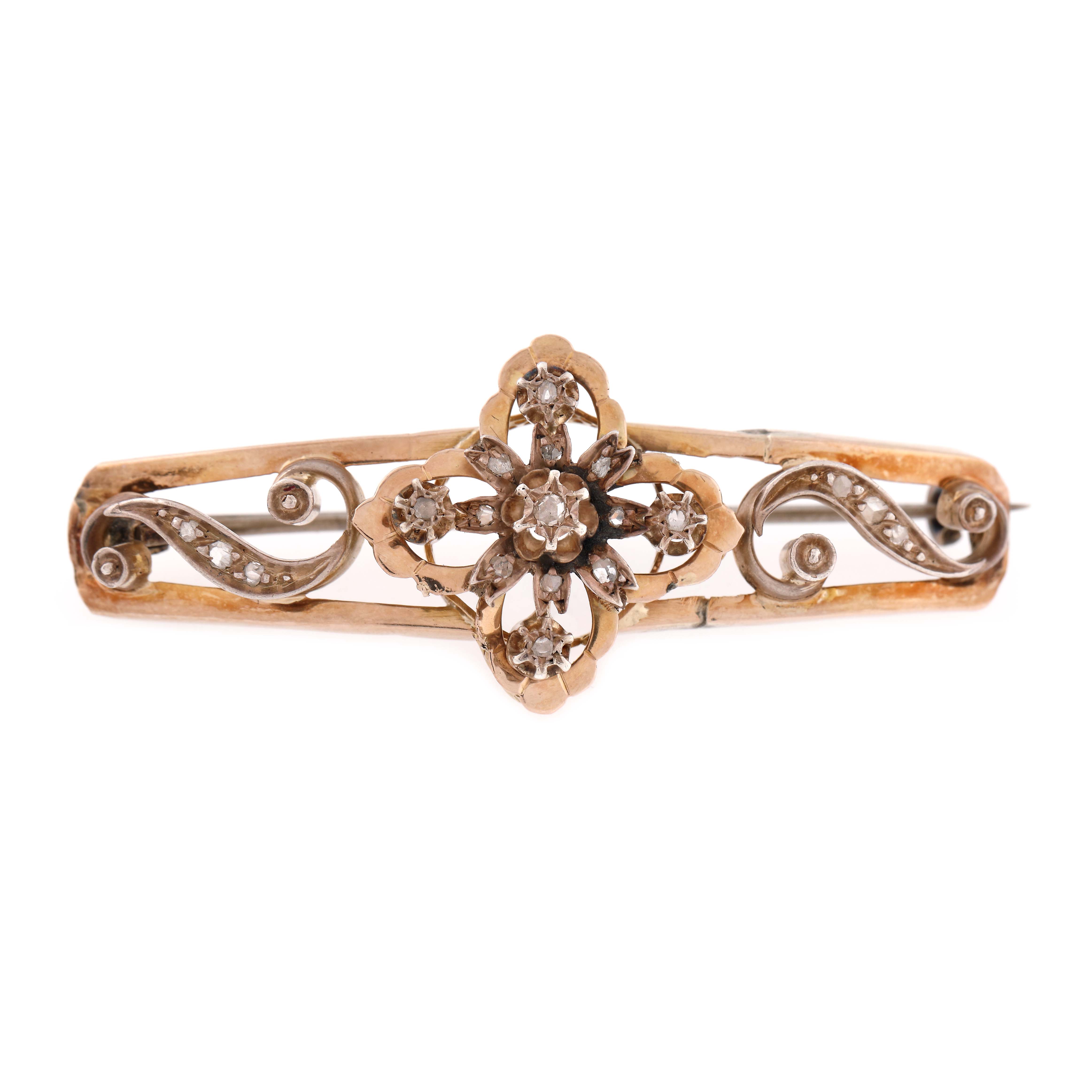 Vintage brooch, gold and silver, decorated with diamonds