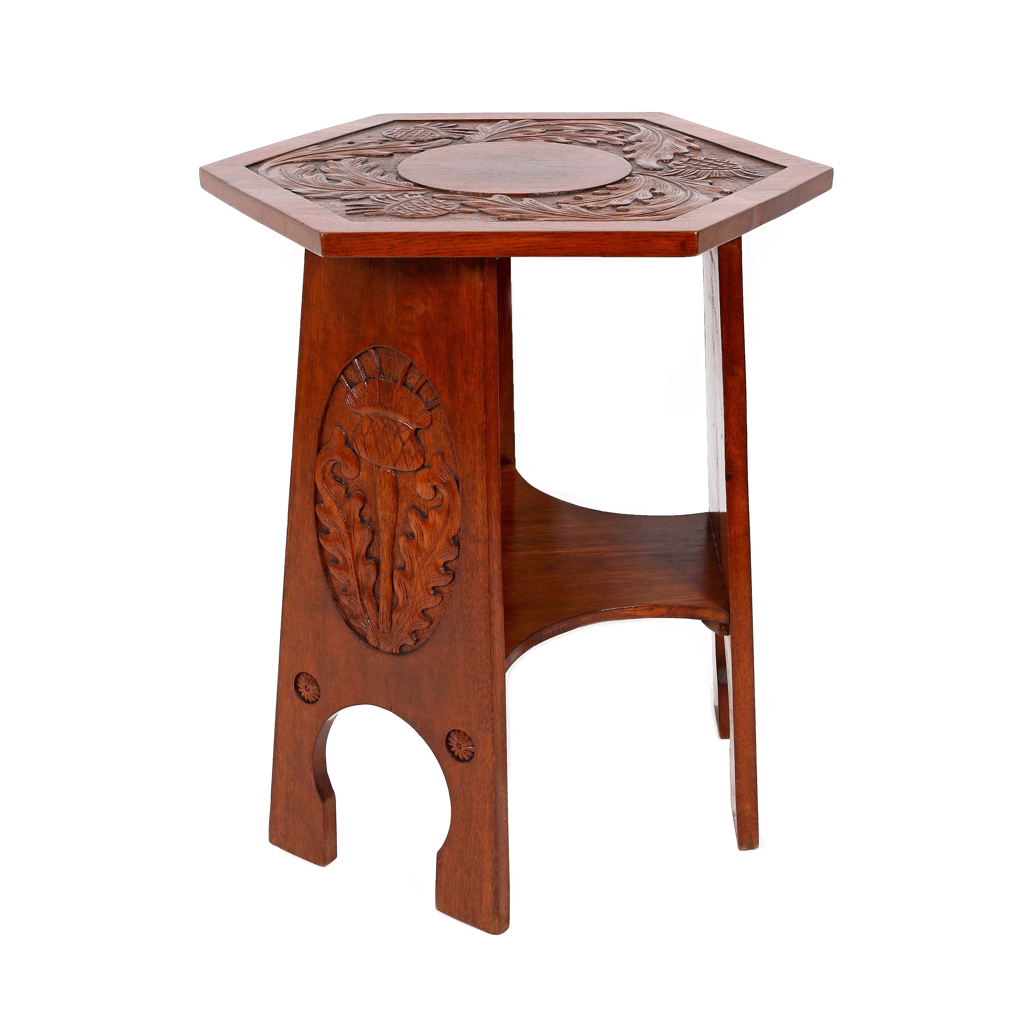 "Le chardon de Lorraine" - Arts and Crafts hexagonal table with plant decoration