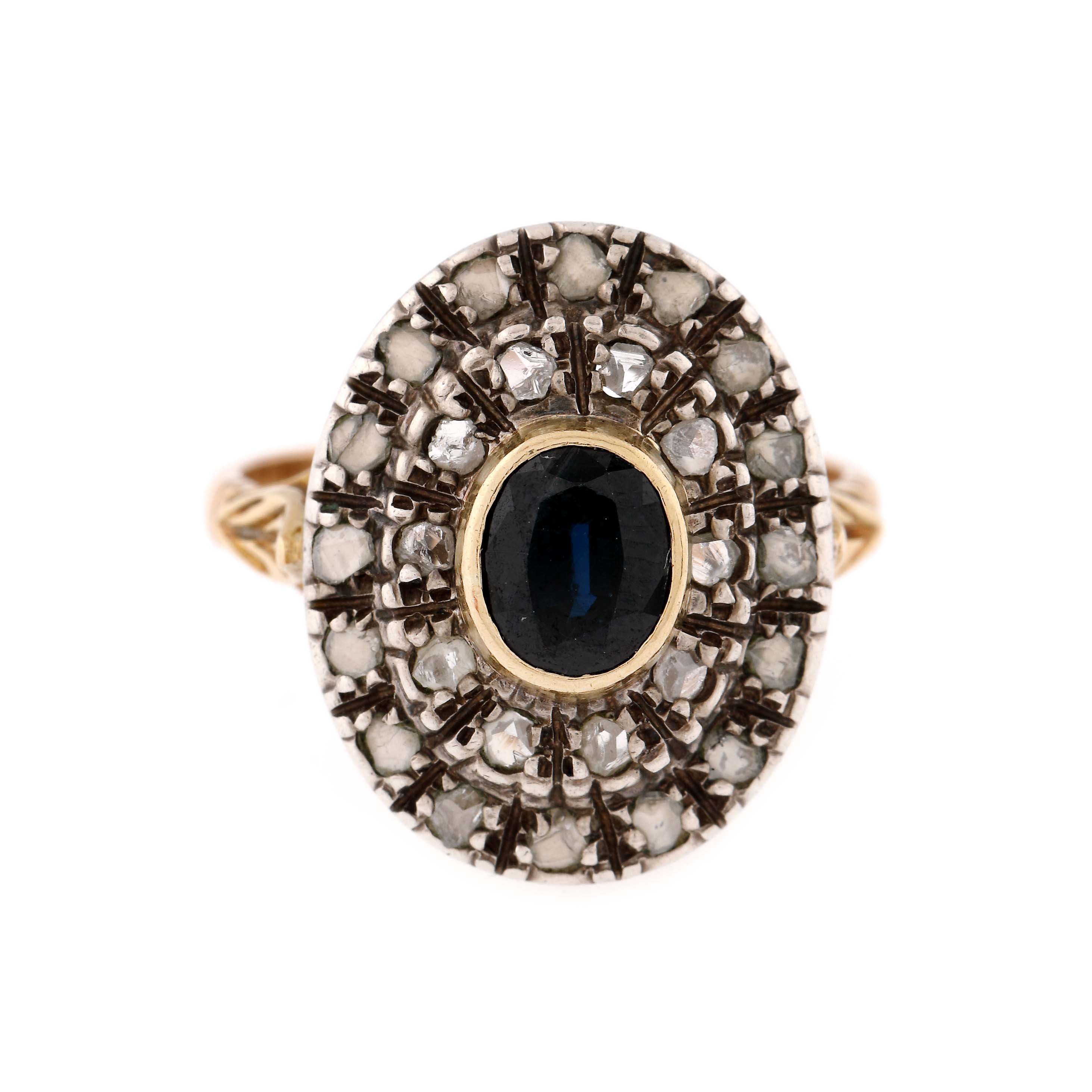 Vintage ring, gold and silver, decorated with sapphire and diamonds