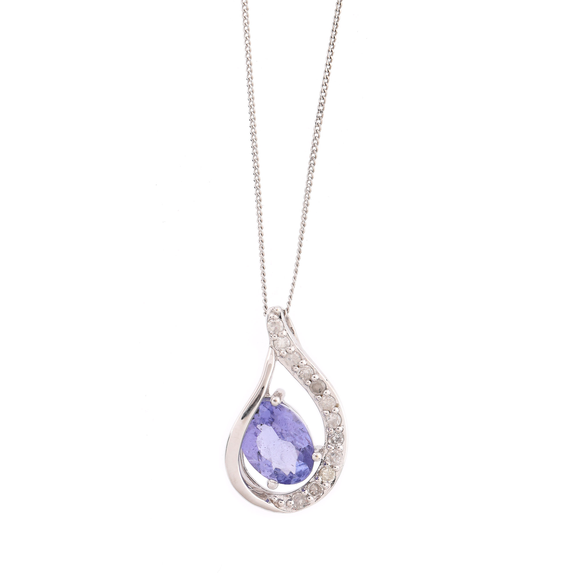 White gold chain with pendant, decorated with tanzanite and diamonds
