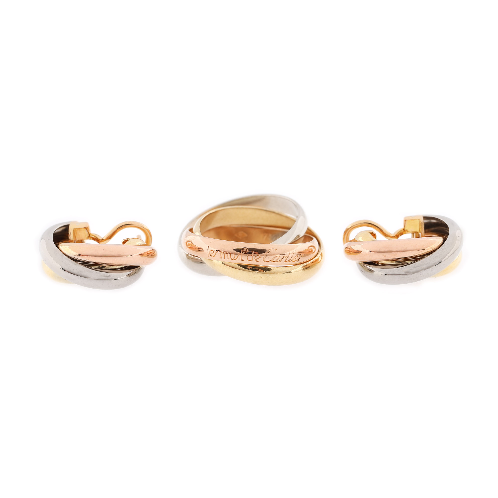 "Trinity" - Must de Cartier set, gold in three colours, consisting of pair of earrings and ring