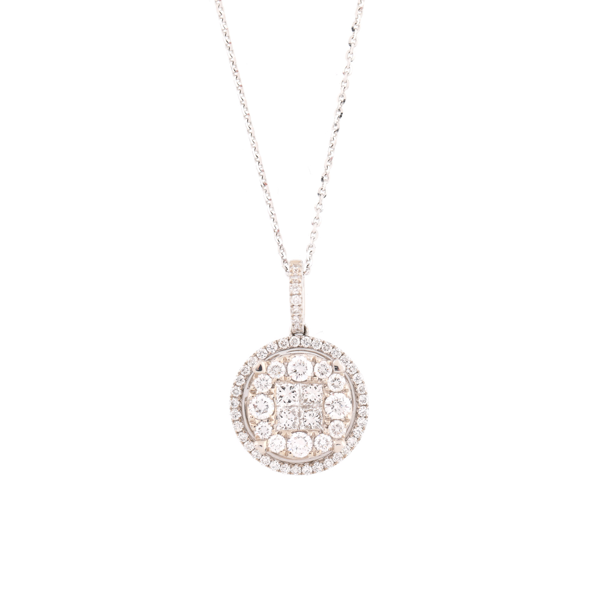White gold chain with pendant, decorated with paving of diamonds