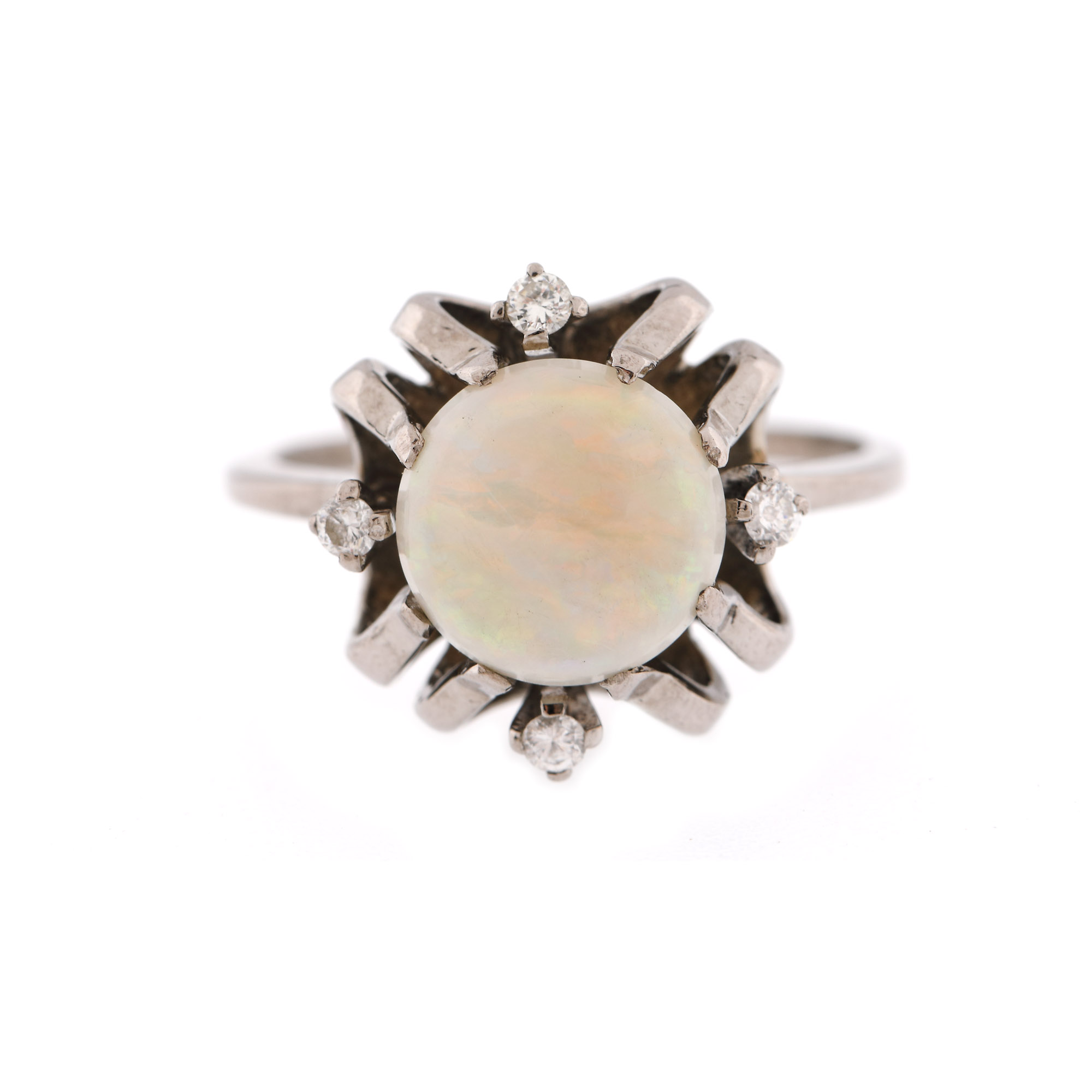 White gold ring, decorated with opal and diamonds