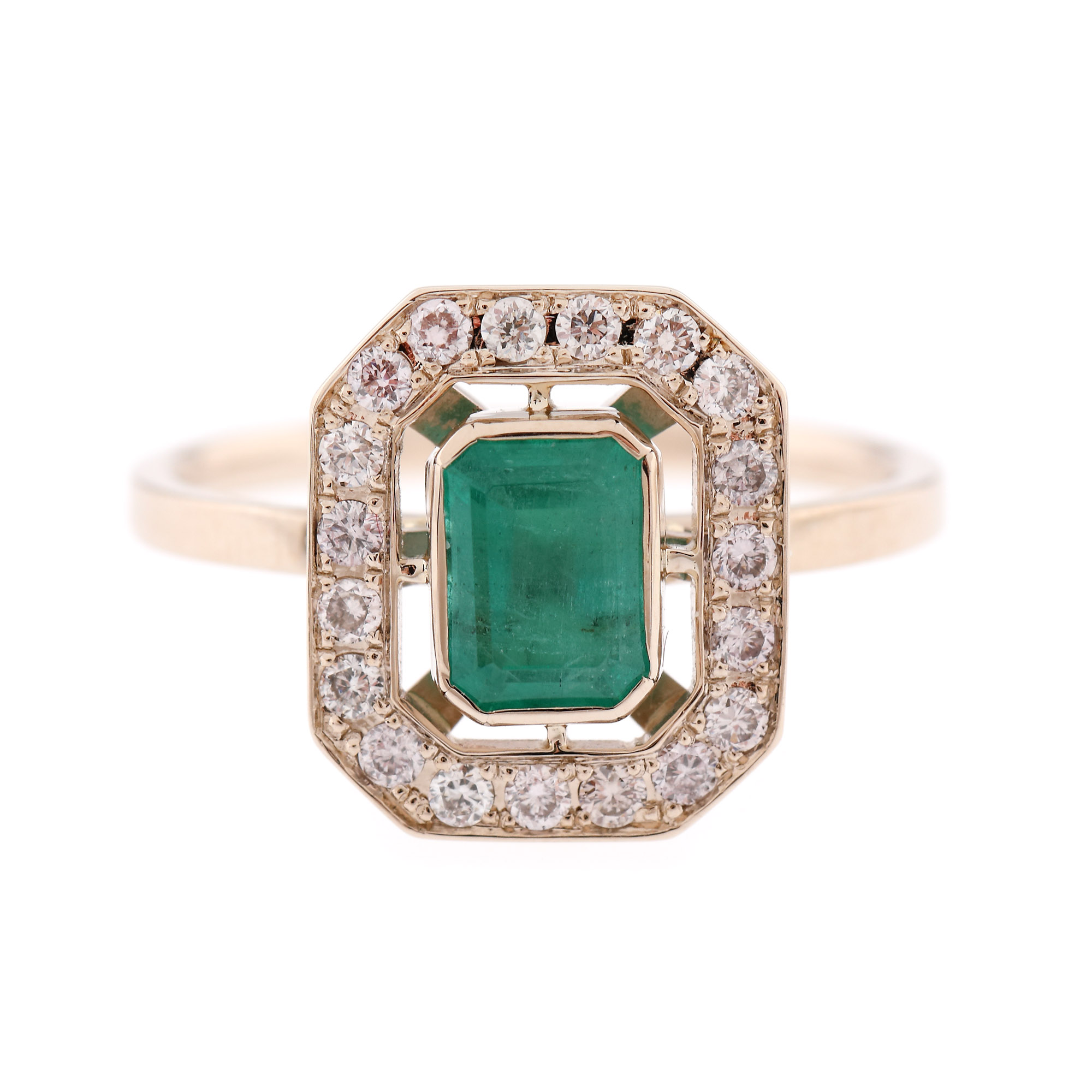 Gold ring, decorated with emerald surrounded by diamonds