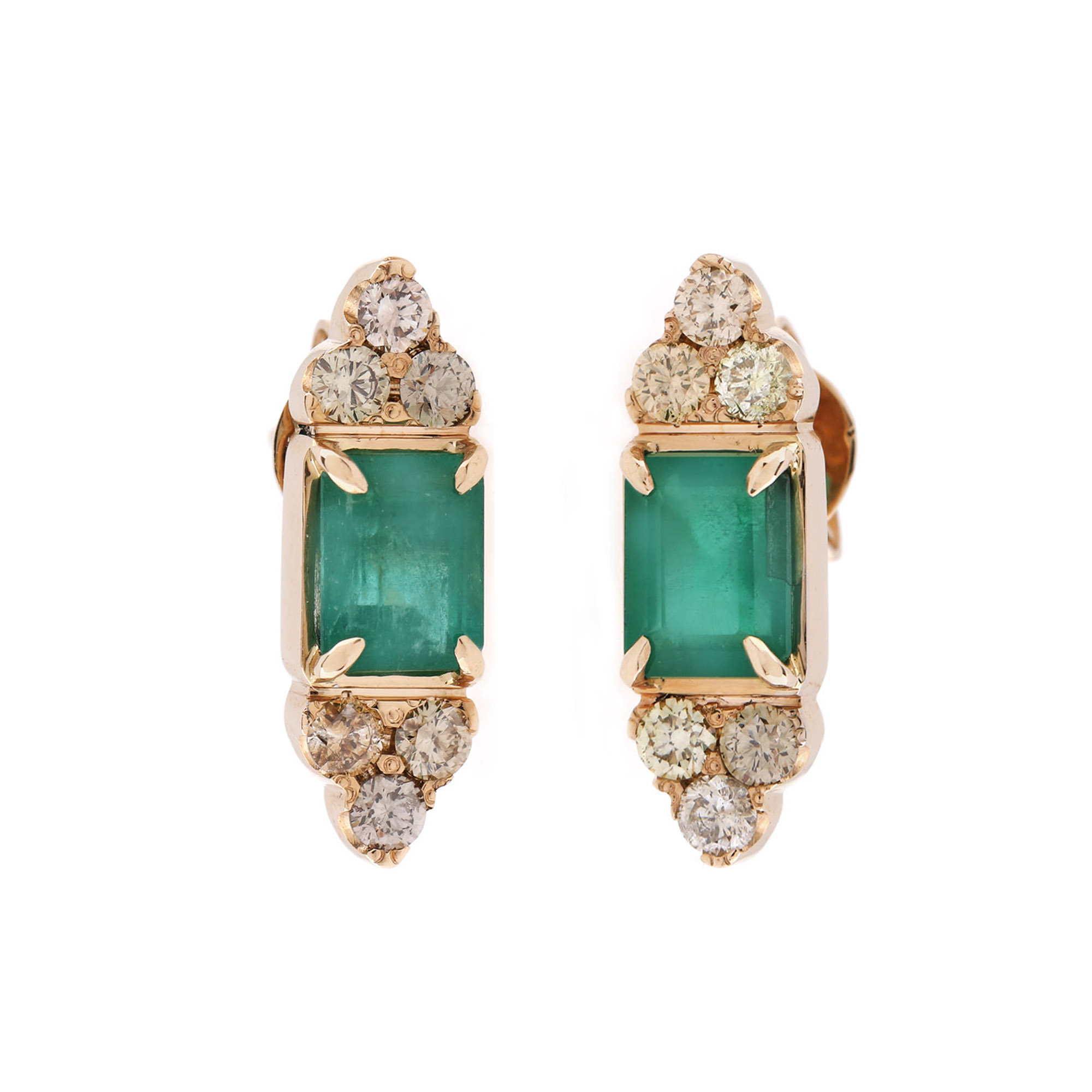 Pair of gold earrings, decorated with emeralds and diamonds, ALGT gemmological certificate