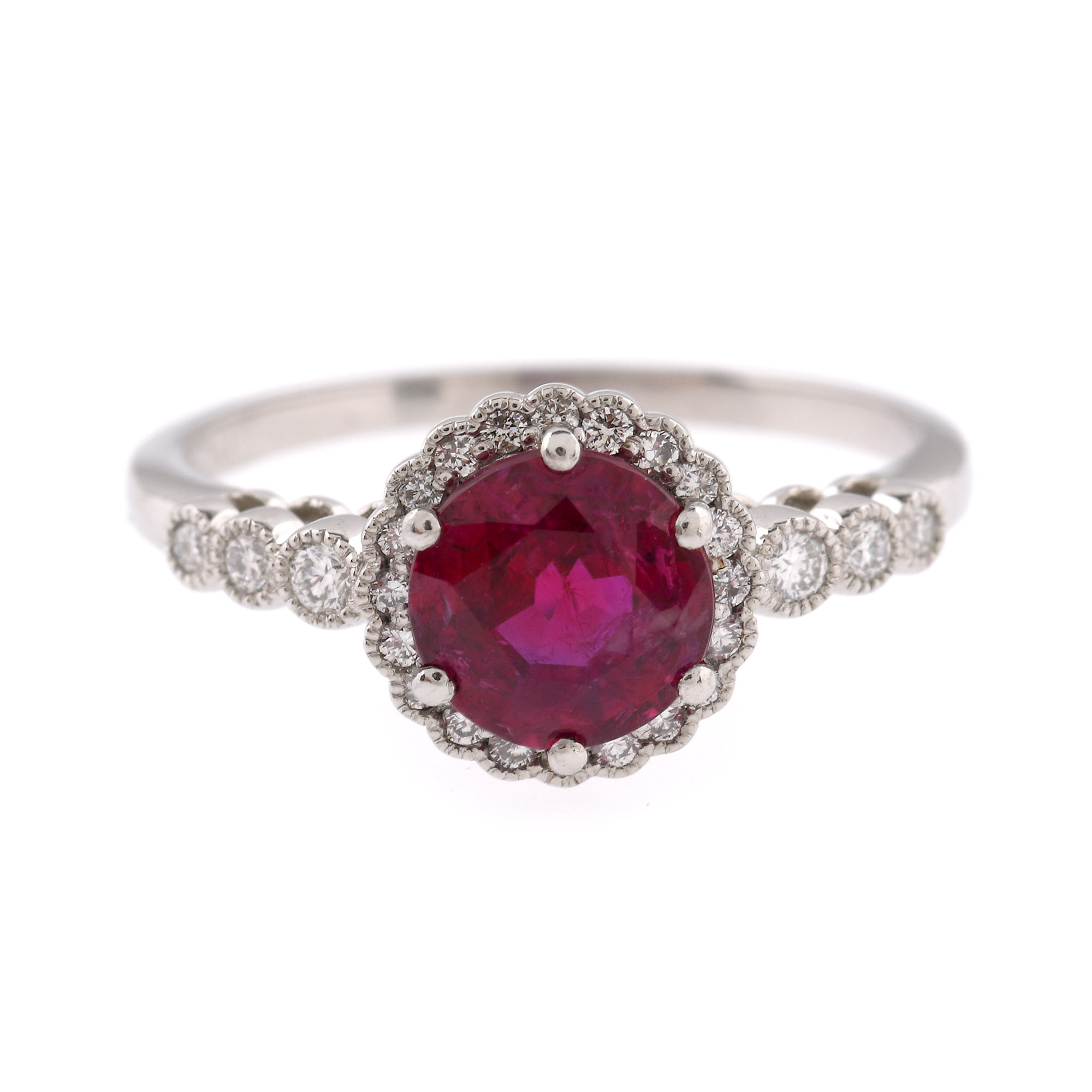 Platinum ring, decorated with central ruby, surrounded by brilliants, Lotus gemmological certificate