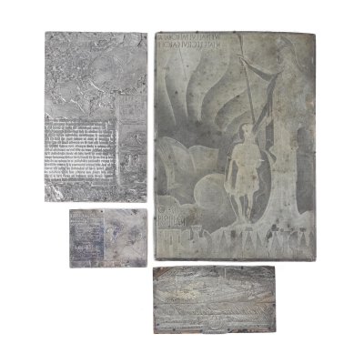 Four zinc engraving plates representing the cover of the magazine "Săptămâna Cărții", an article about the benefits of telephony and advertisements for "Industria Lânei S. A.", "Desinfectantul Semori", approx. 1940