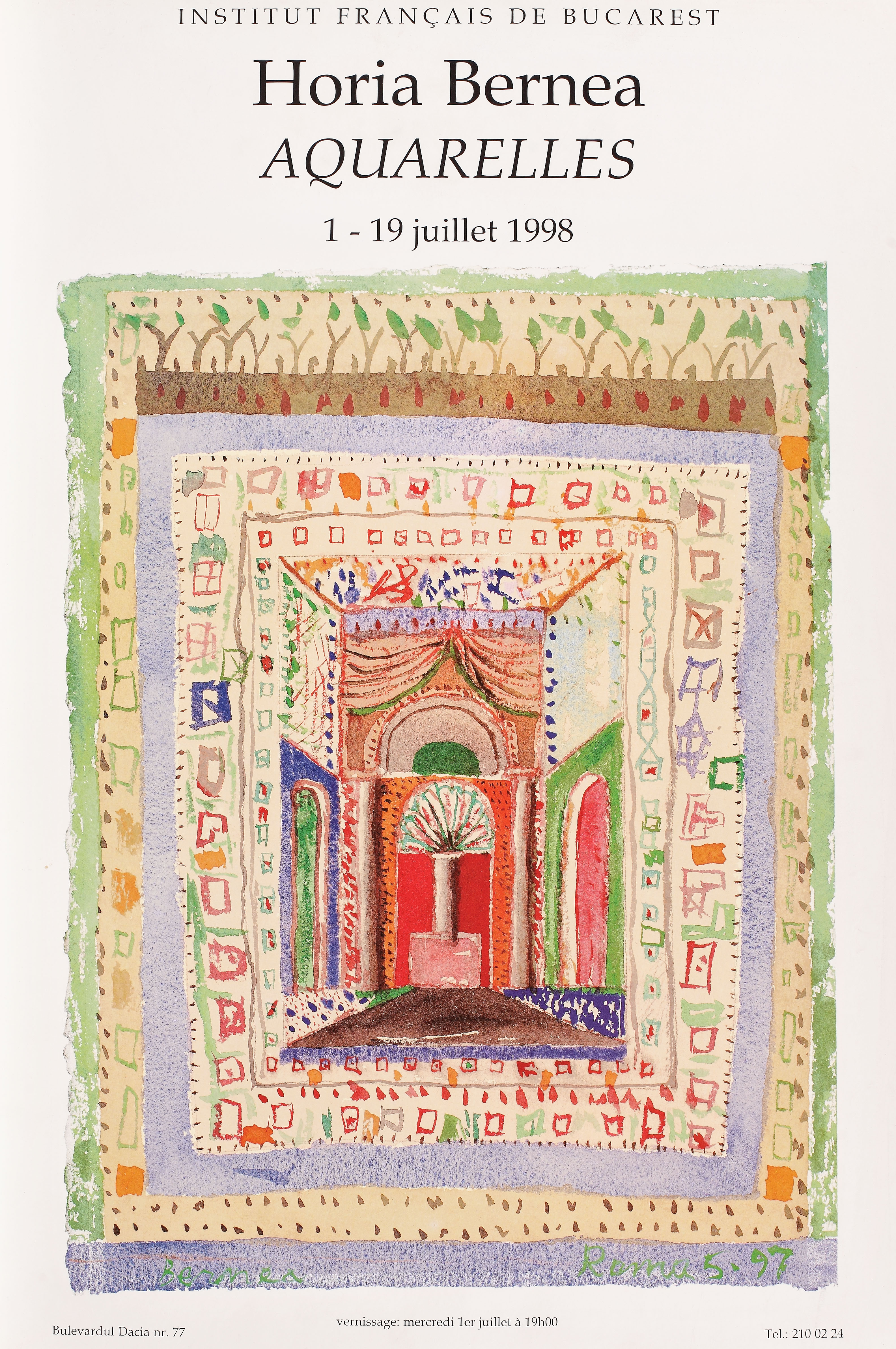 Afișul expoziției "Aquarelles" Horia Bernea, Institutul francez, Bucureşti, 1998