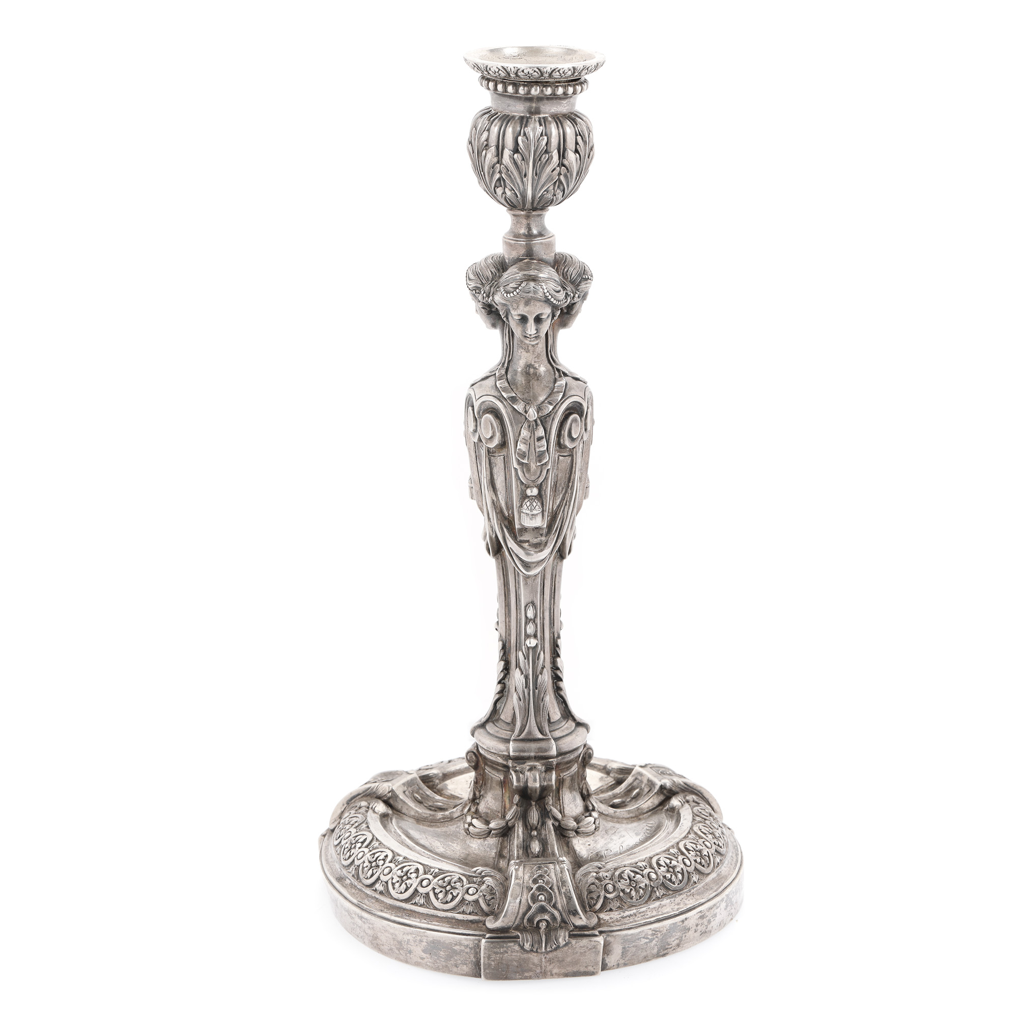 Silver candlestick, craftsman Alphonse Debain, with Hecate profile and acanthus leaf motif, engraved, approx. 1870