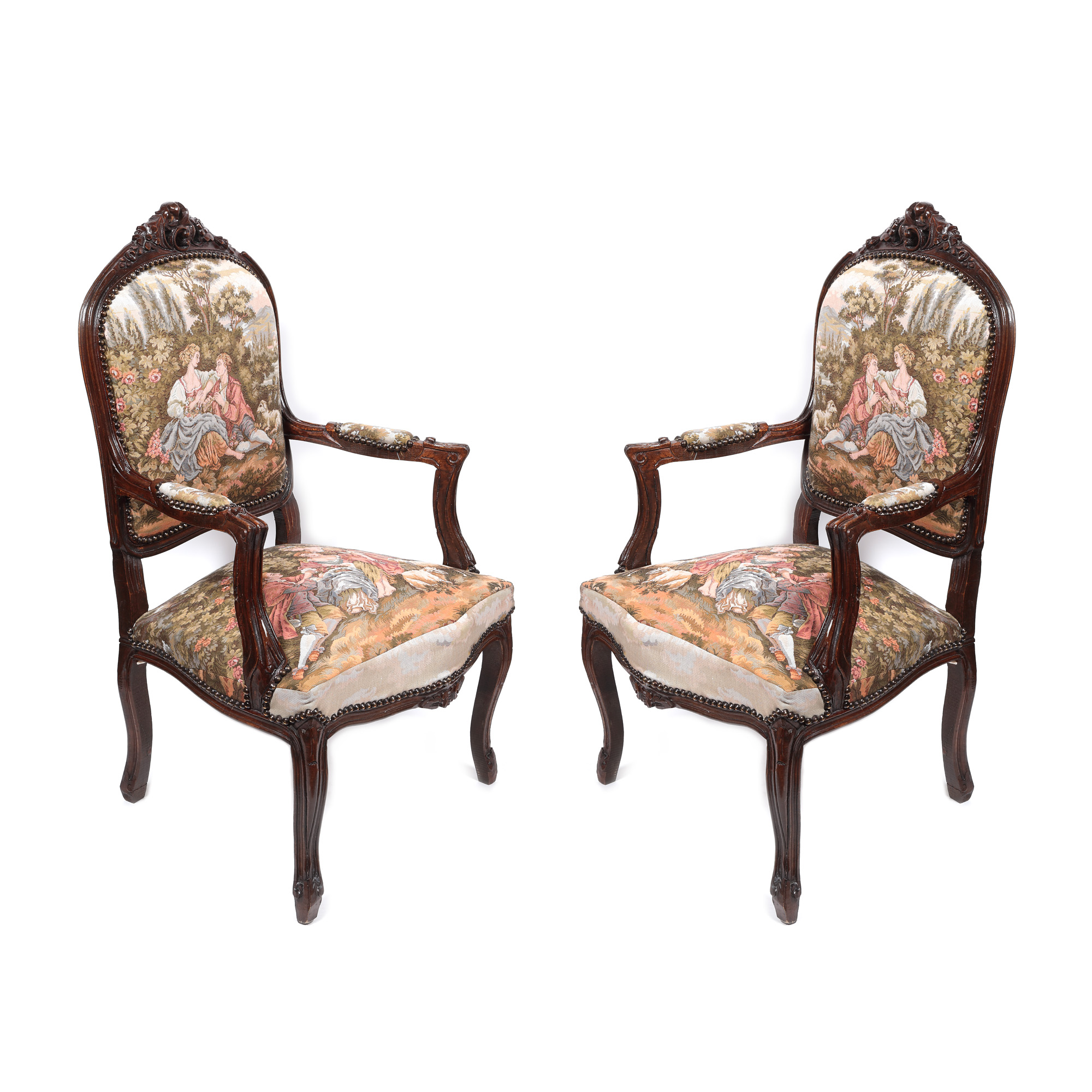 Pair of bergère armchairs in Louis XV style, decorated with idyllic scenes after François Boucher