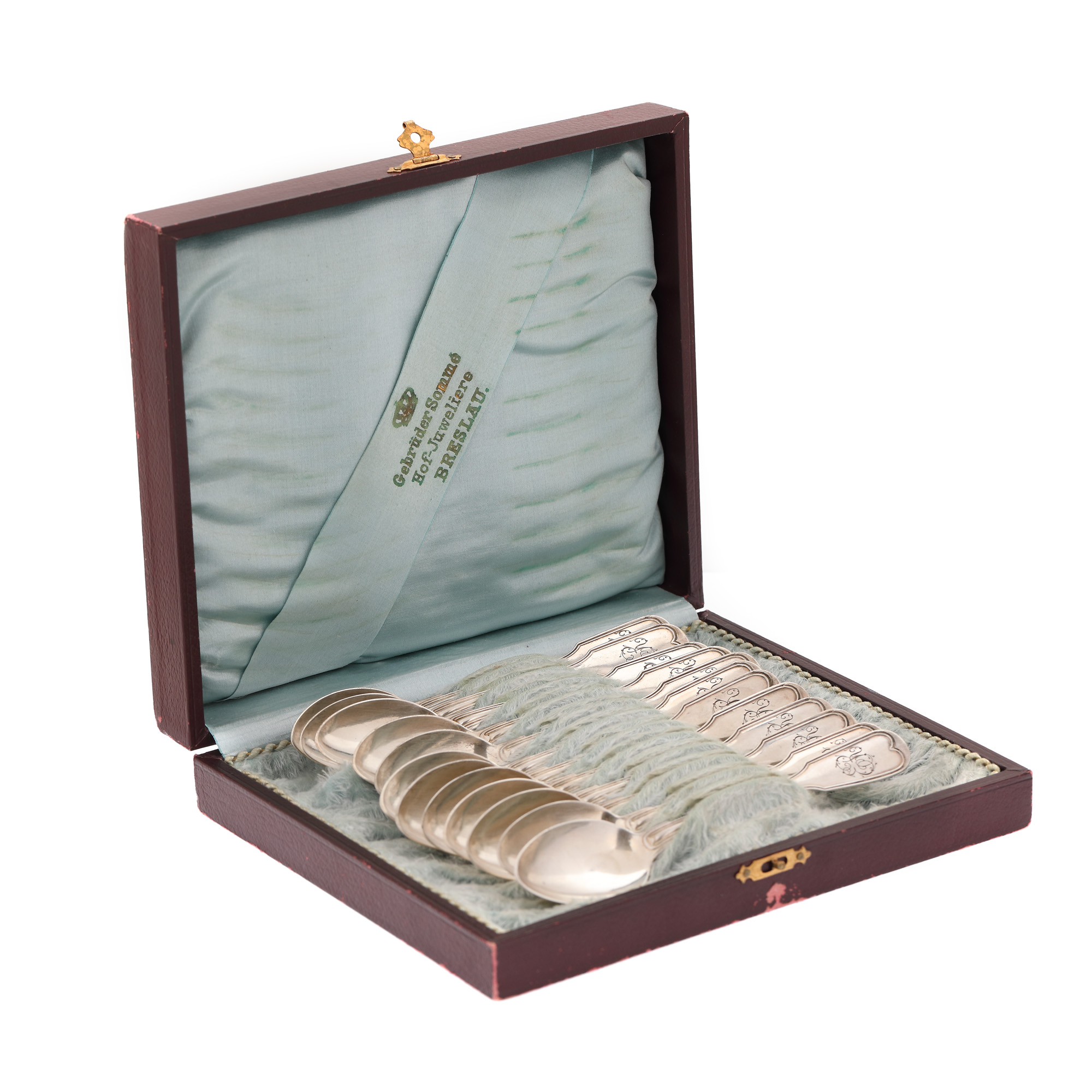 Set of 12 silver Wilkens & Söhne teaspoons, silver, decorated with a monogram, with the punch of the Gebrüder Sommé store in Breslau, approx. 1900, original box