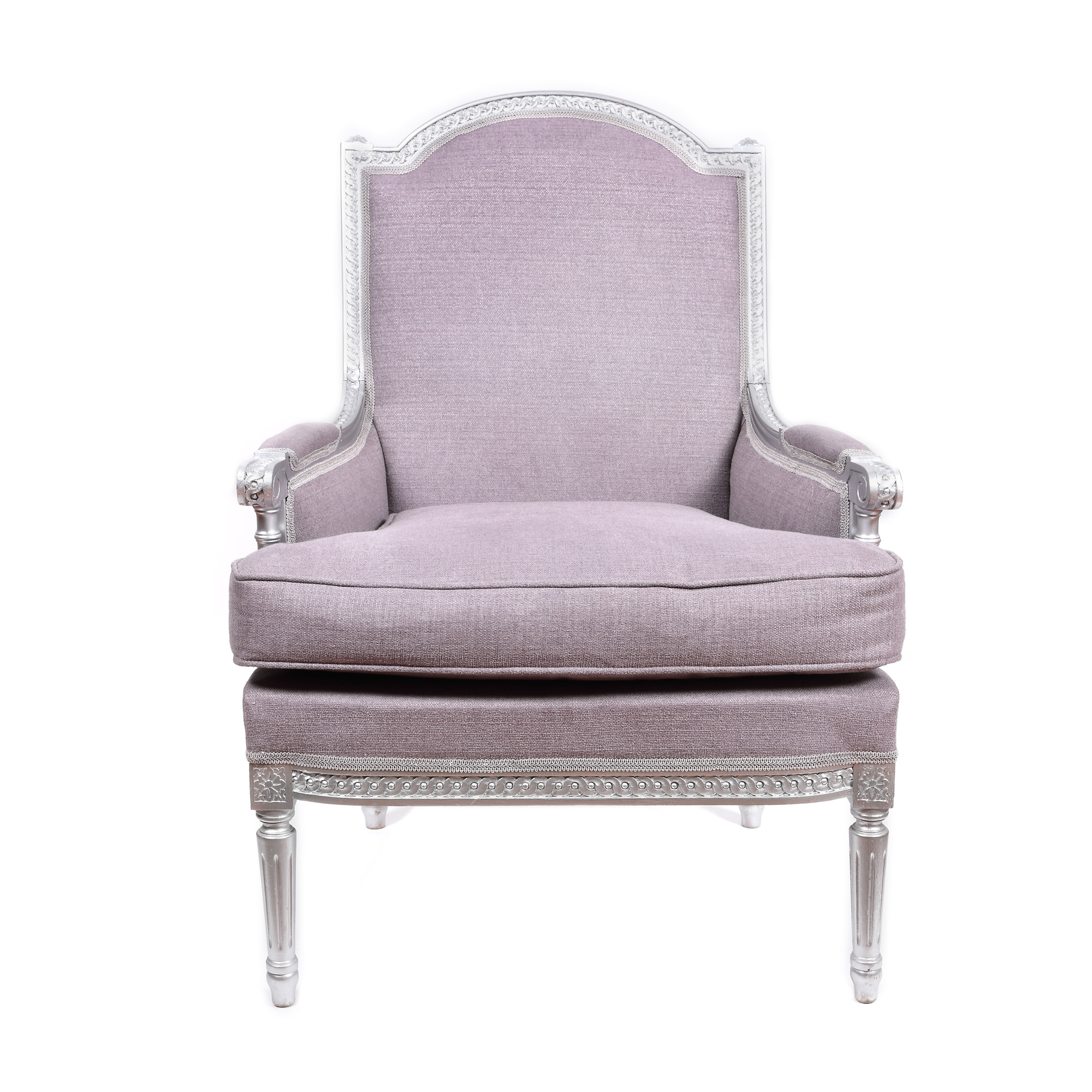 Louis XVI-inspired armchair with silver upholstery