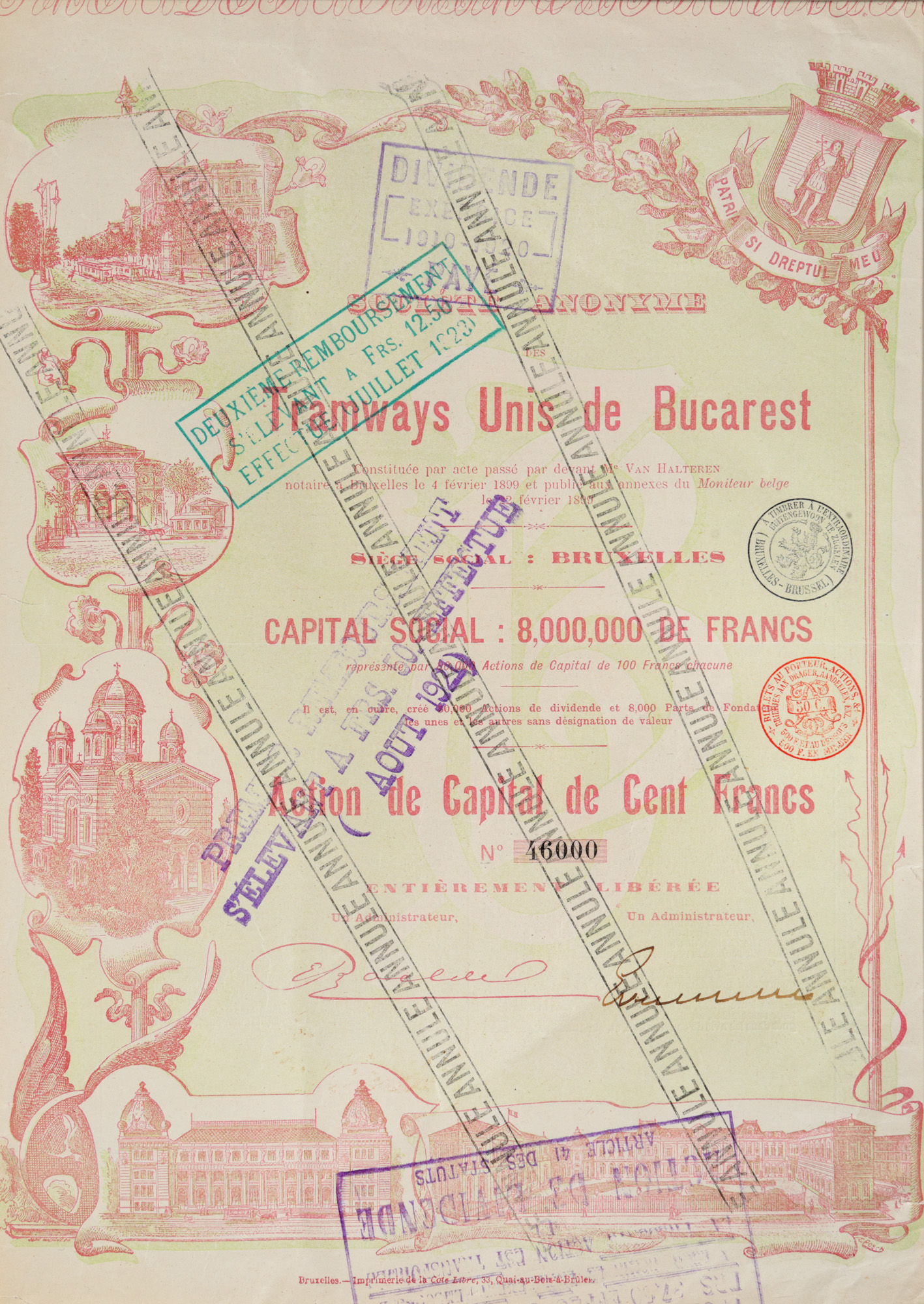 Acțiune cu valoarea de 100 de franci, pentru Societatea Tramvaie București, decorată cu imagini din București, cca. 1921