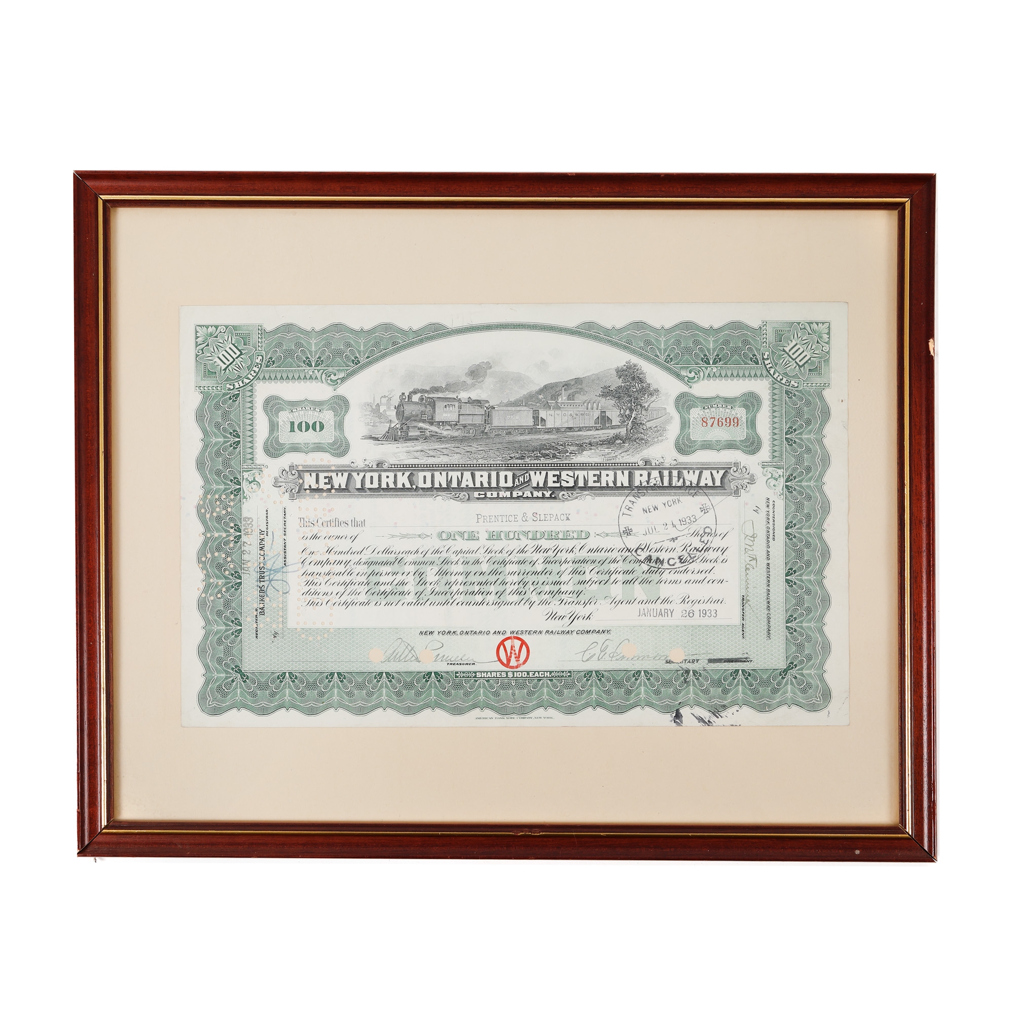 Acțiune cu valoarea de $100 pentru ”New York, Ontario and Western Railway”, S.U.A., 1933
