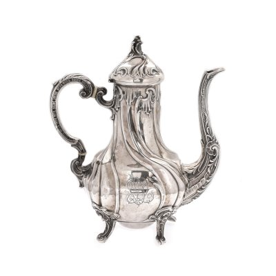 Neo-Rococo silver teapot, craftsman Jean Jarre, decorated with ivory rings, approx. 1885