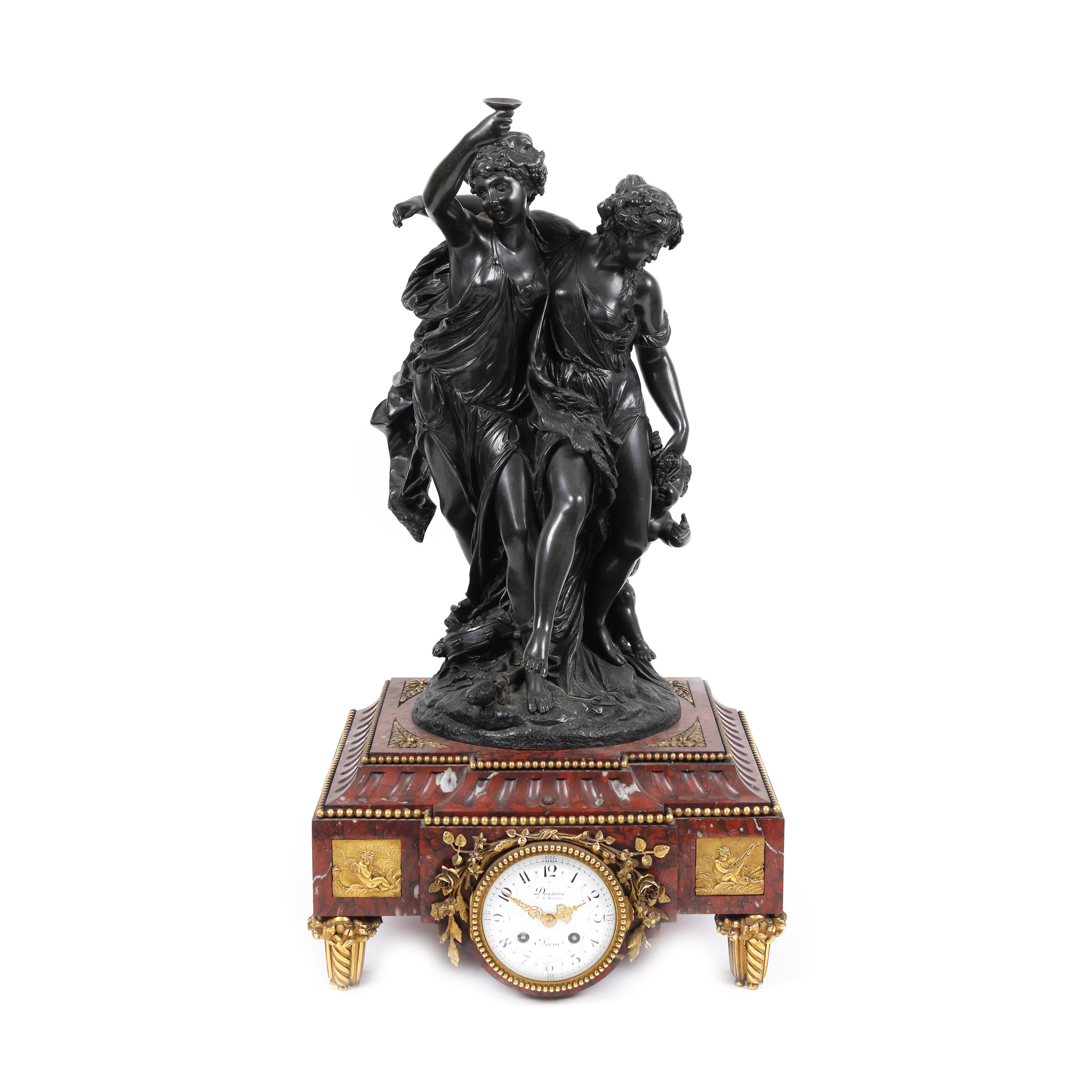 Ceas Denière et Fils, în stil Belle Époque, surmontat de sculptură din bronz după Claude Michel (Clodion), cca. 1880-1900