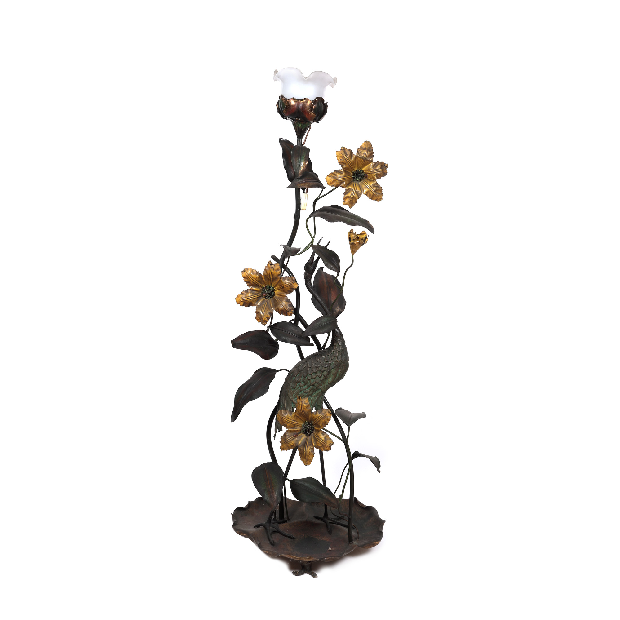 Lampă de podea Art Nouveau, din bronz patinat,  decorată cu stârc și floră lacustră, prima jumătate a sec. XX