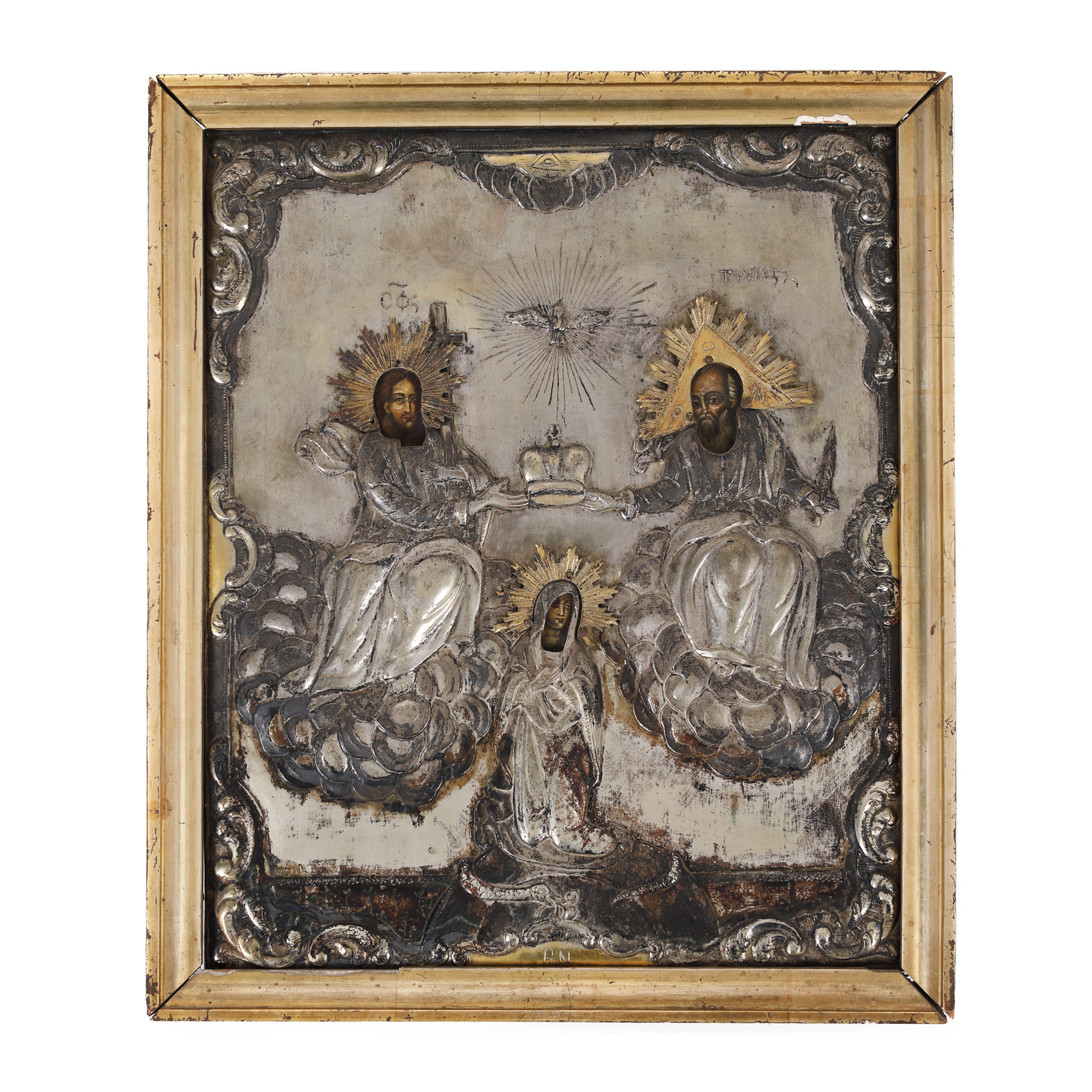 "The Coronation of the Mother of Jesus (The Holy Trinity)", icon on wood, with silver ferrule, Romanian school, mid-19th century, rare collector's item