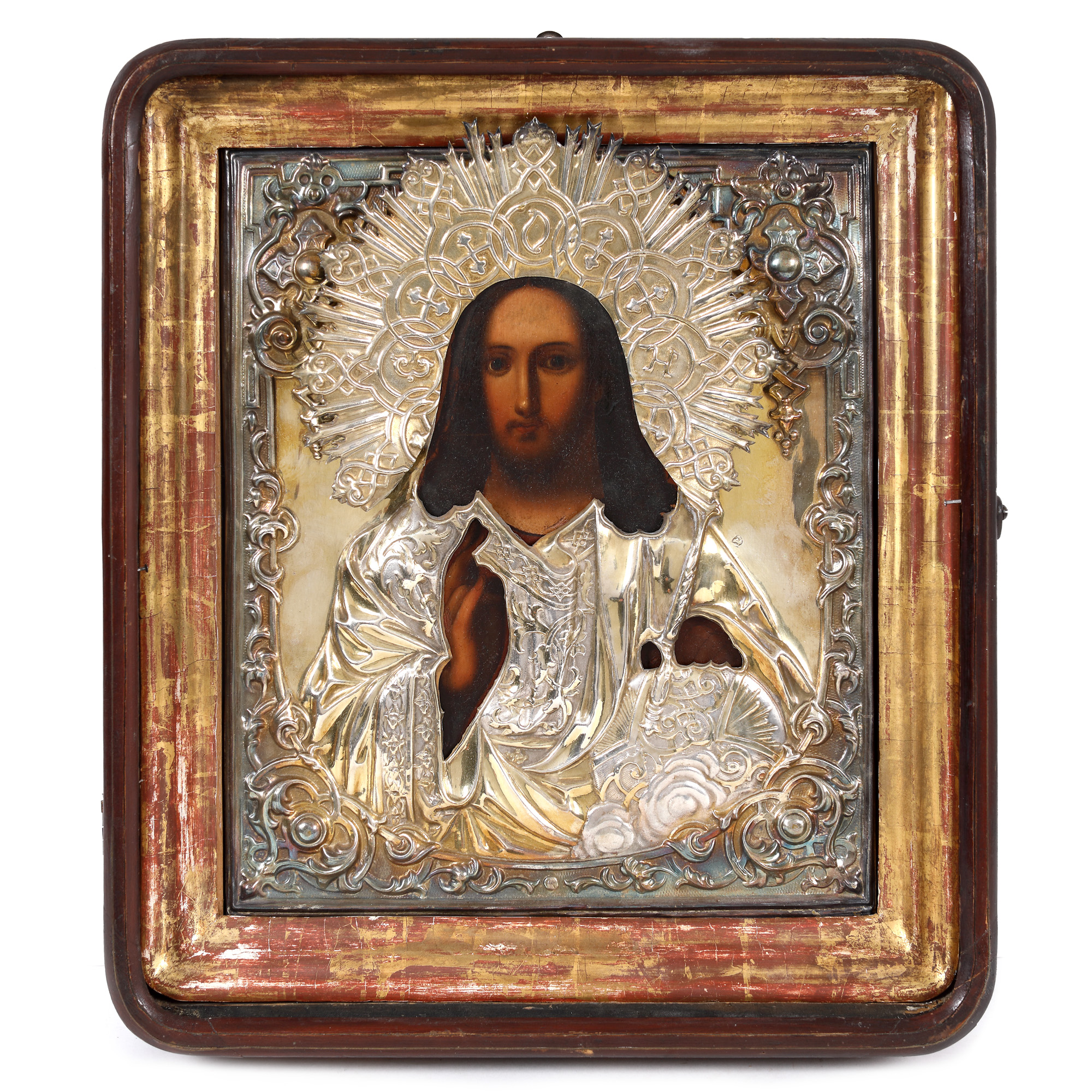 Icoană pe lemn cu ferecătură, ”Iisus Pantocrator” ("Salvator Mundi"), școală rusească, prima jumătate a sec. XIX, de colecție