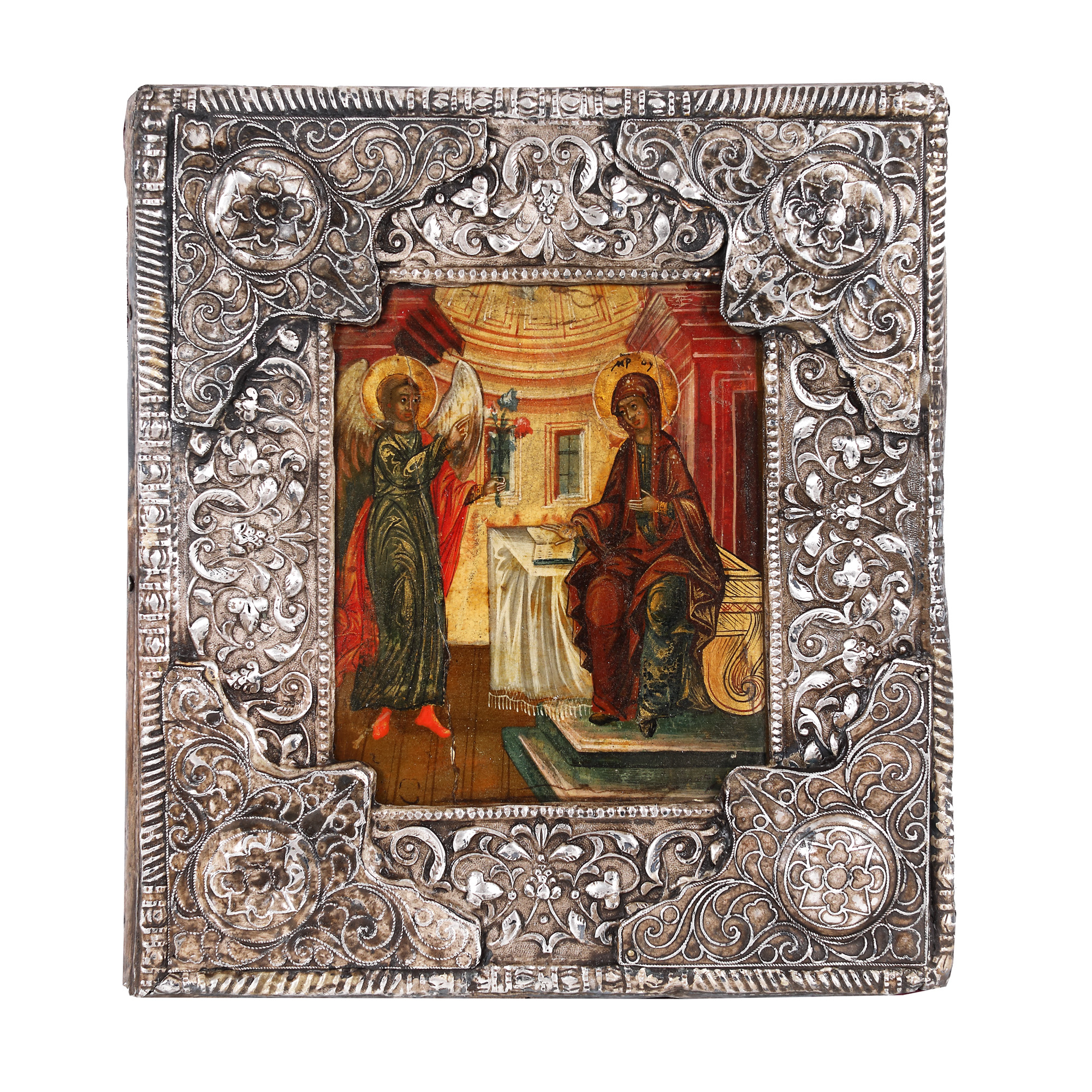"The Annunciation", icon on wood, with silver ferrule, Russian school, 1857, collector's item