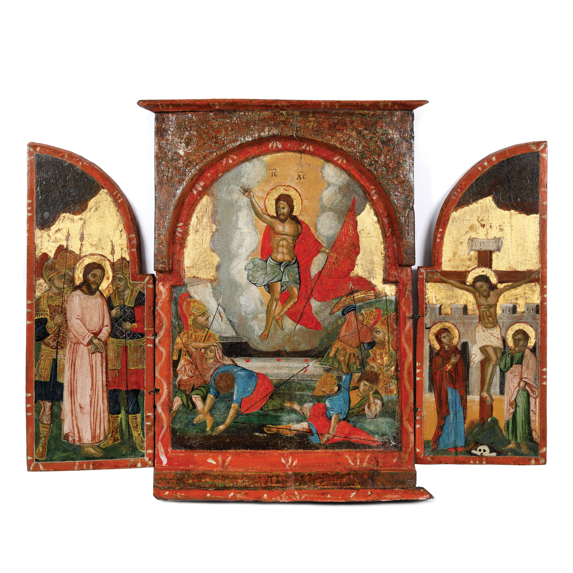 "The Resurrection Of The Lord, Ecce Homo and The Crucifixion of The Lord", Veneto-Cretan triptych, first half of the 17th century, rare collector's item