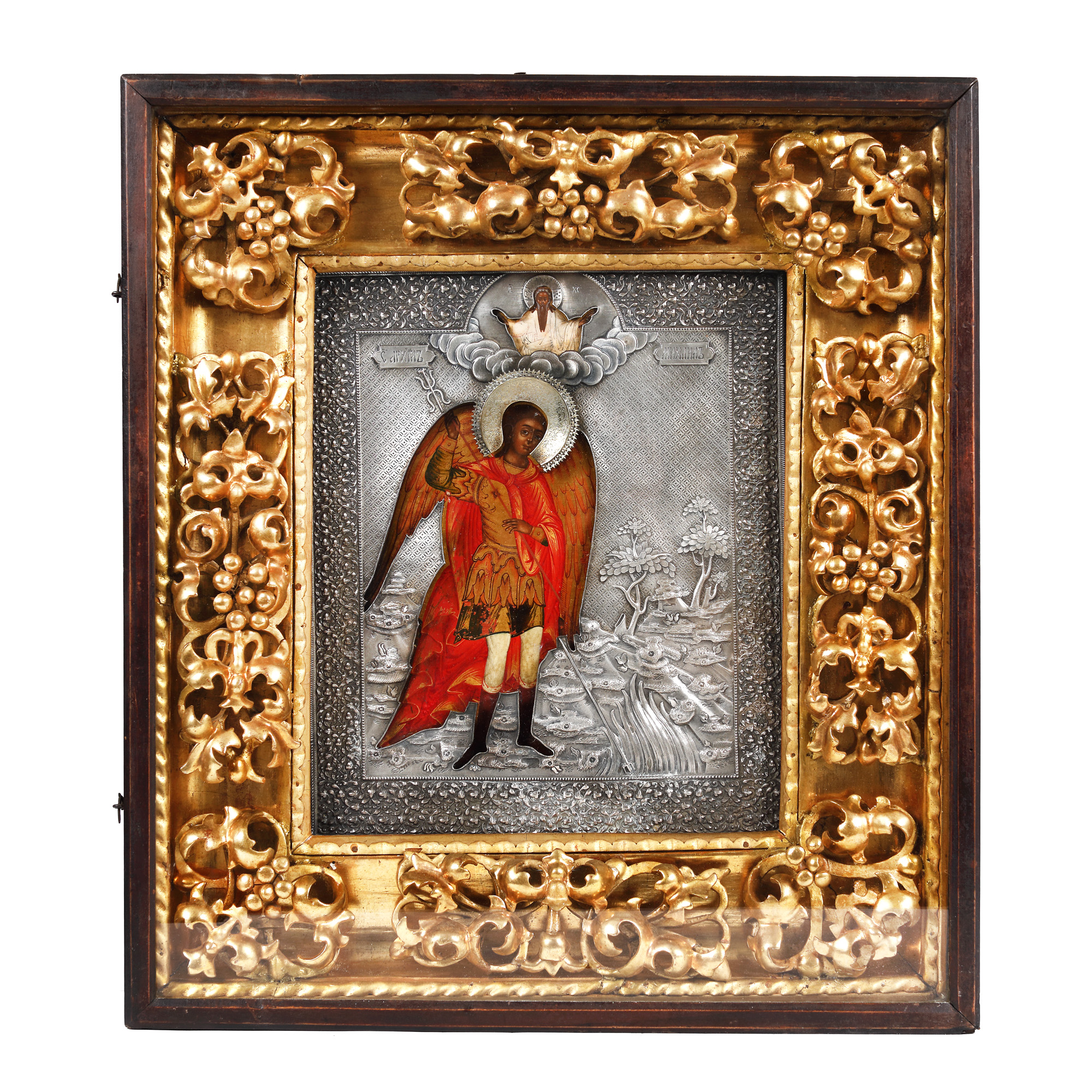 "The Holy Archangel Michael", superb icon on wood, with silver ferrule, Russian school, approx. 1865, rare collector's item