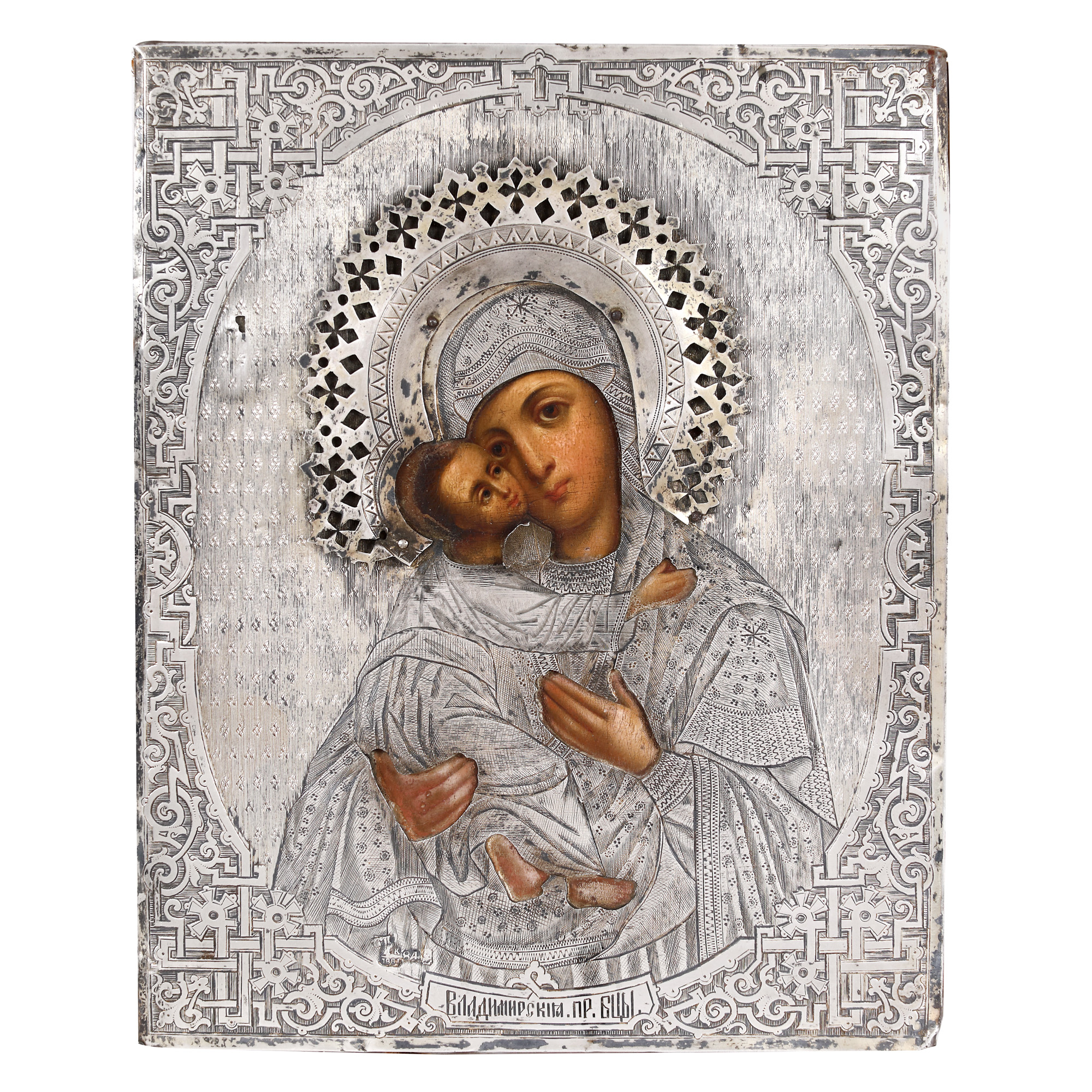 "Mother of God with Christ Child (Glykofilusa)", icon on wood, with silver ferrule, Russian school, 1881