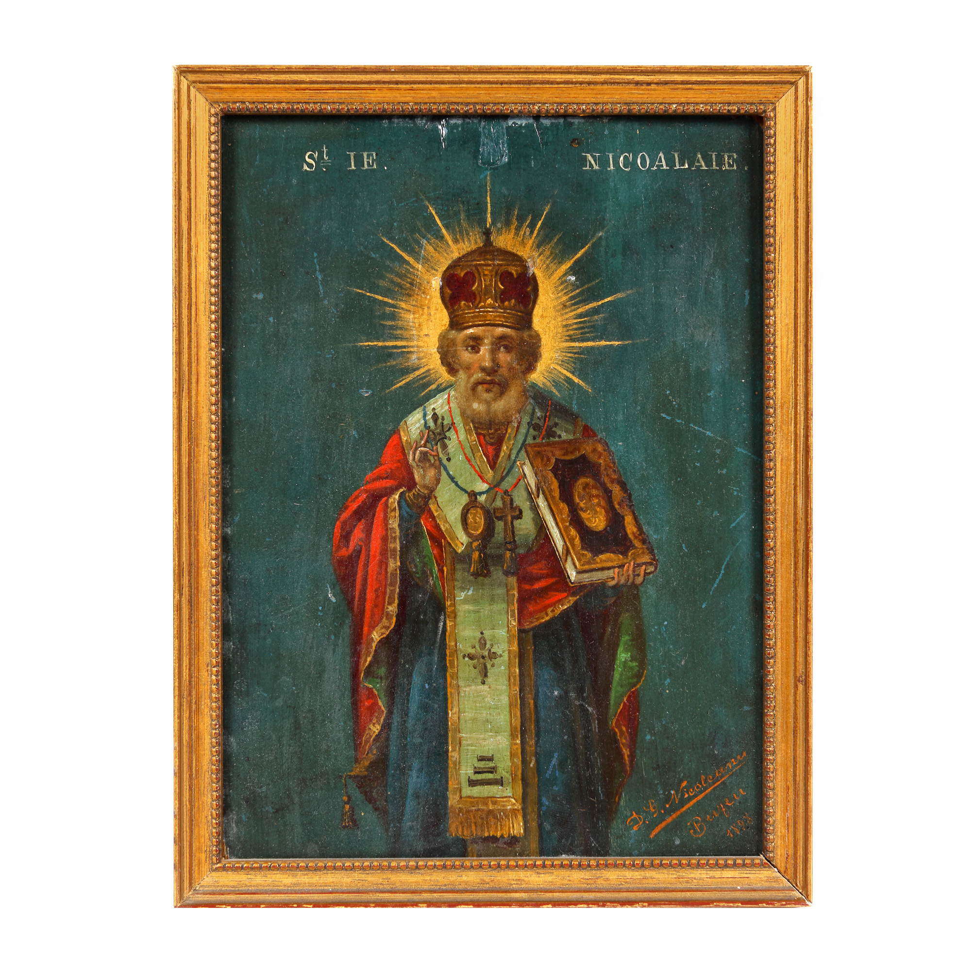"Saint Nicholas", icon on wood, painter D.G. Nicoleanu, Buzău, 1898