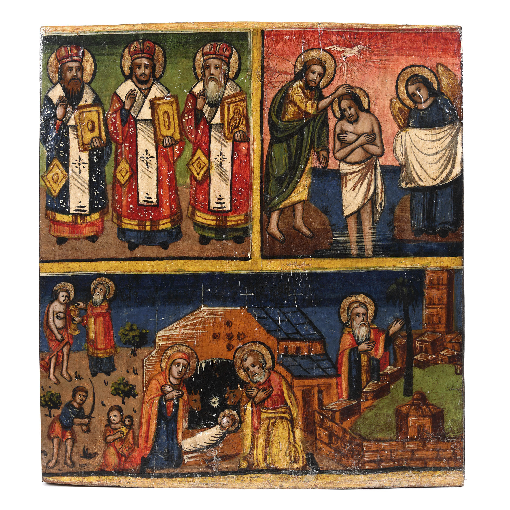 "The Three Holy Hierarchs, The Baptism and Nativity", three panel icon on wood, Russian school, 19th century, part of the family collection of presenter Emanuel Isopescu