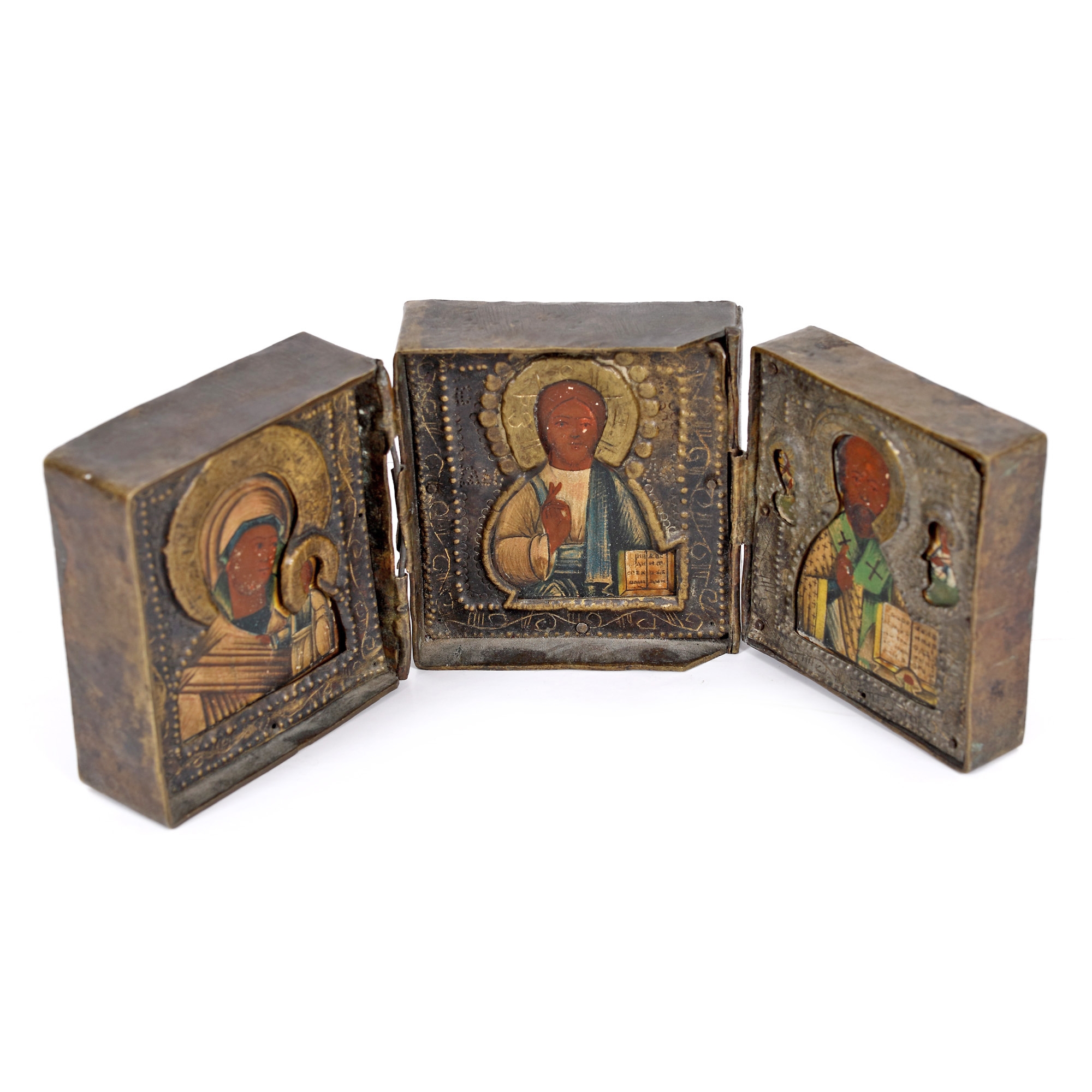 "Mother of God with Christ Child (Kazanskaia), Jesus Christ Pantocrator and The Holy Hierarch Nicholas", triptych, Russian school, second half of the 19th century, part of the family collection of presenter Emanuel Isopescu