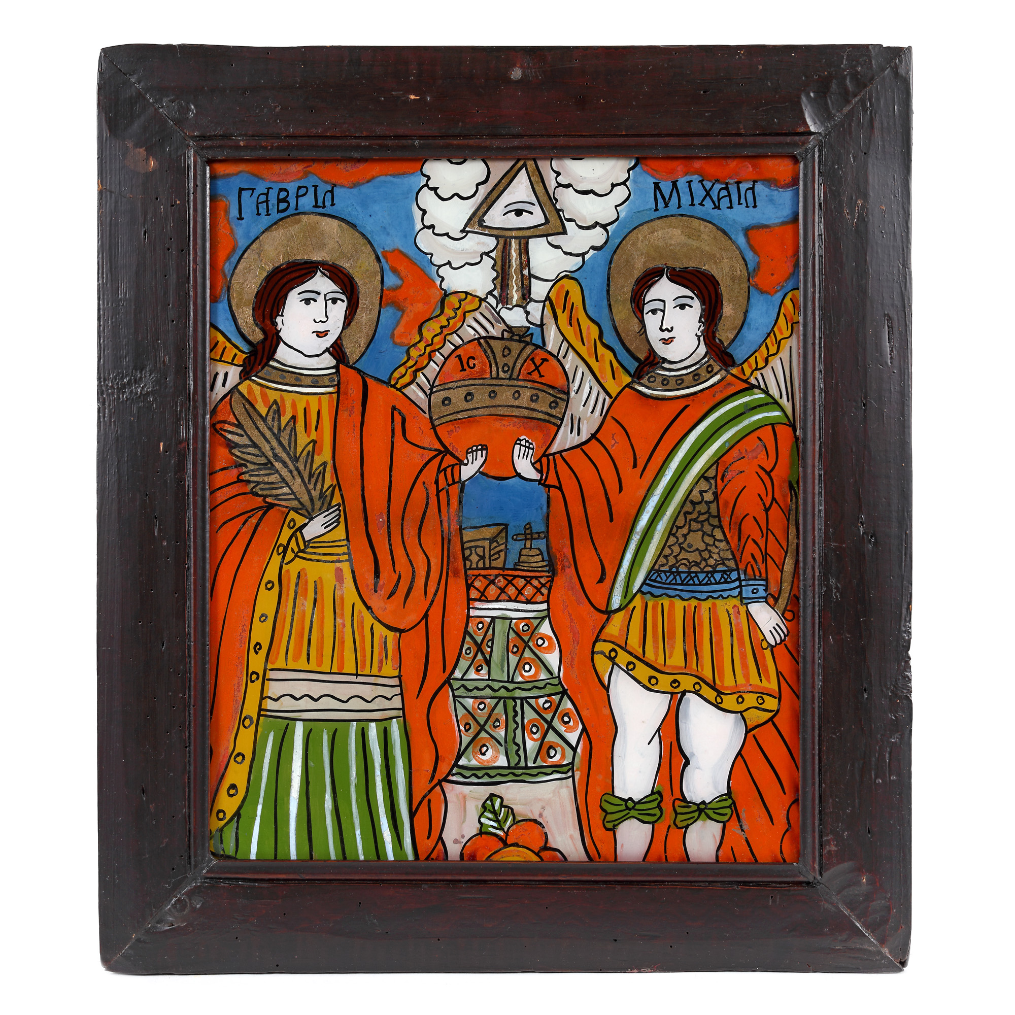 Icoană pe glajă, "Sfinții Arhangheli Mihail și Gavril", atelier din Șcheii Brașovului, a doua jumătate a sec. XIX