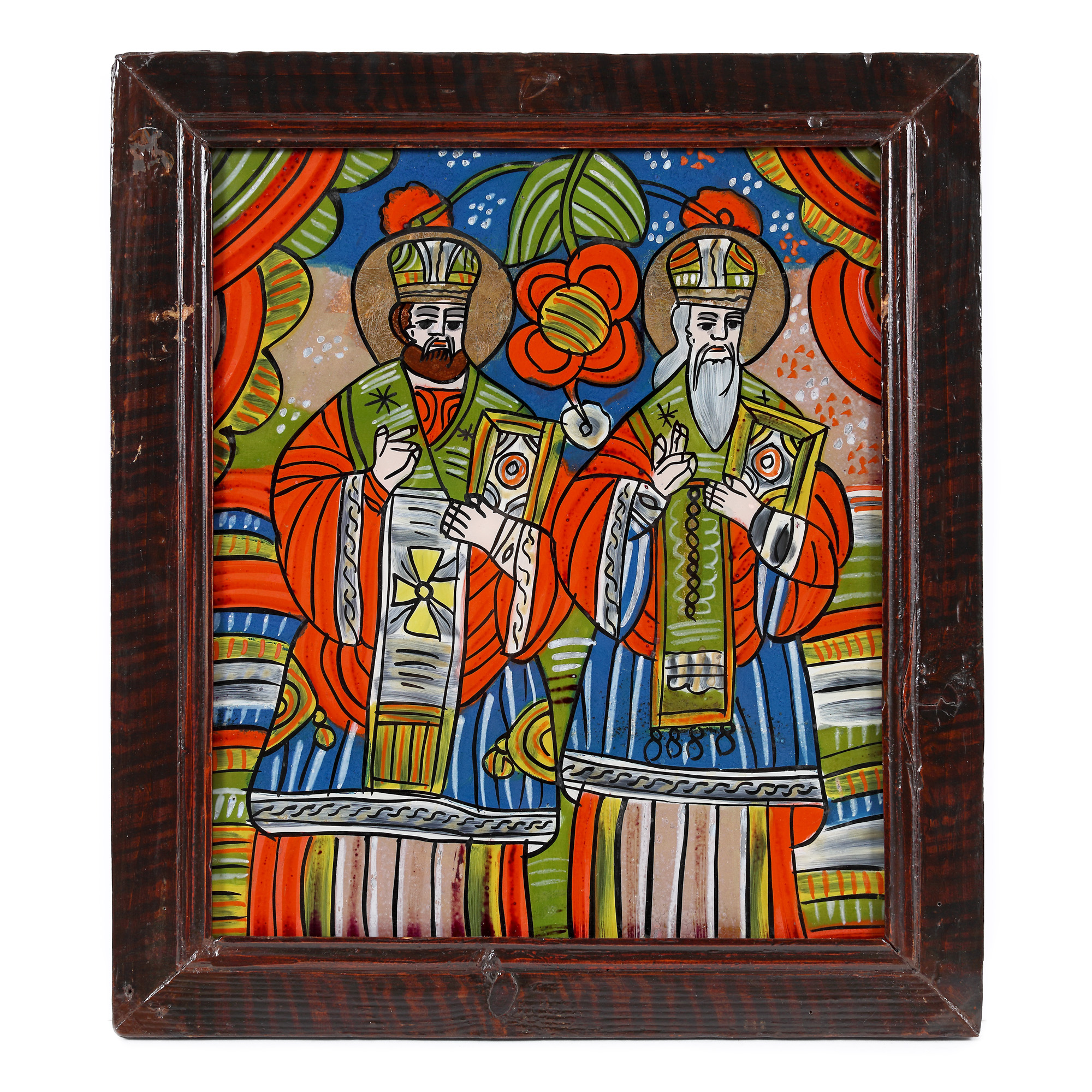 Icoană pe glajă, "Doi Sfinți Ierarhi", atelier din Șcheii Brașovului, a doua jumătate a sec. XIX