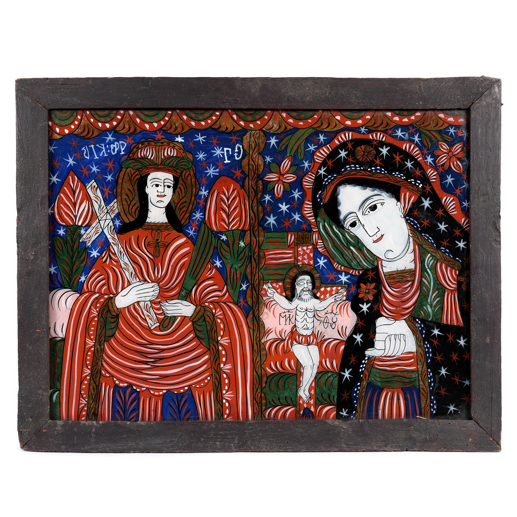 "Saint Paraskeva and Bereaved Virgin Mary", two panel icon on glass, attributed to painter Petru Tămaș-The Son, Făgăraș, late 19th century