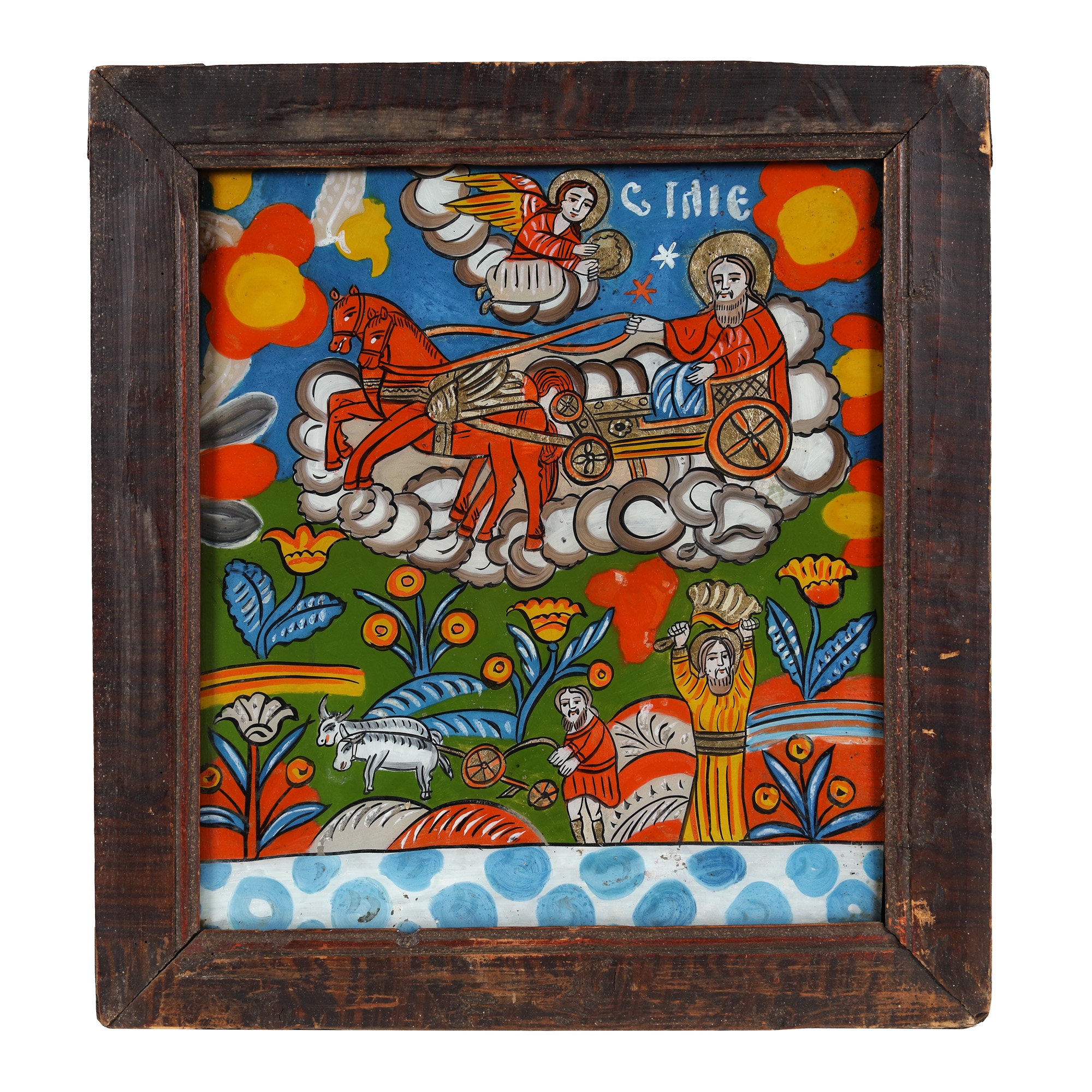 "The Ascension into Heaven of Prophet Elijah and scenes from his life", icon on glass, Șcheii Brașovului workshop, second half of the 19th century