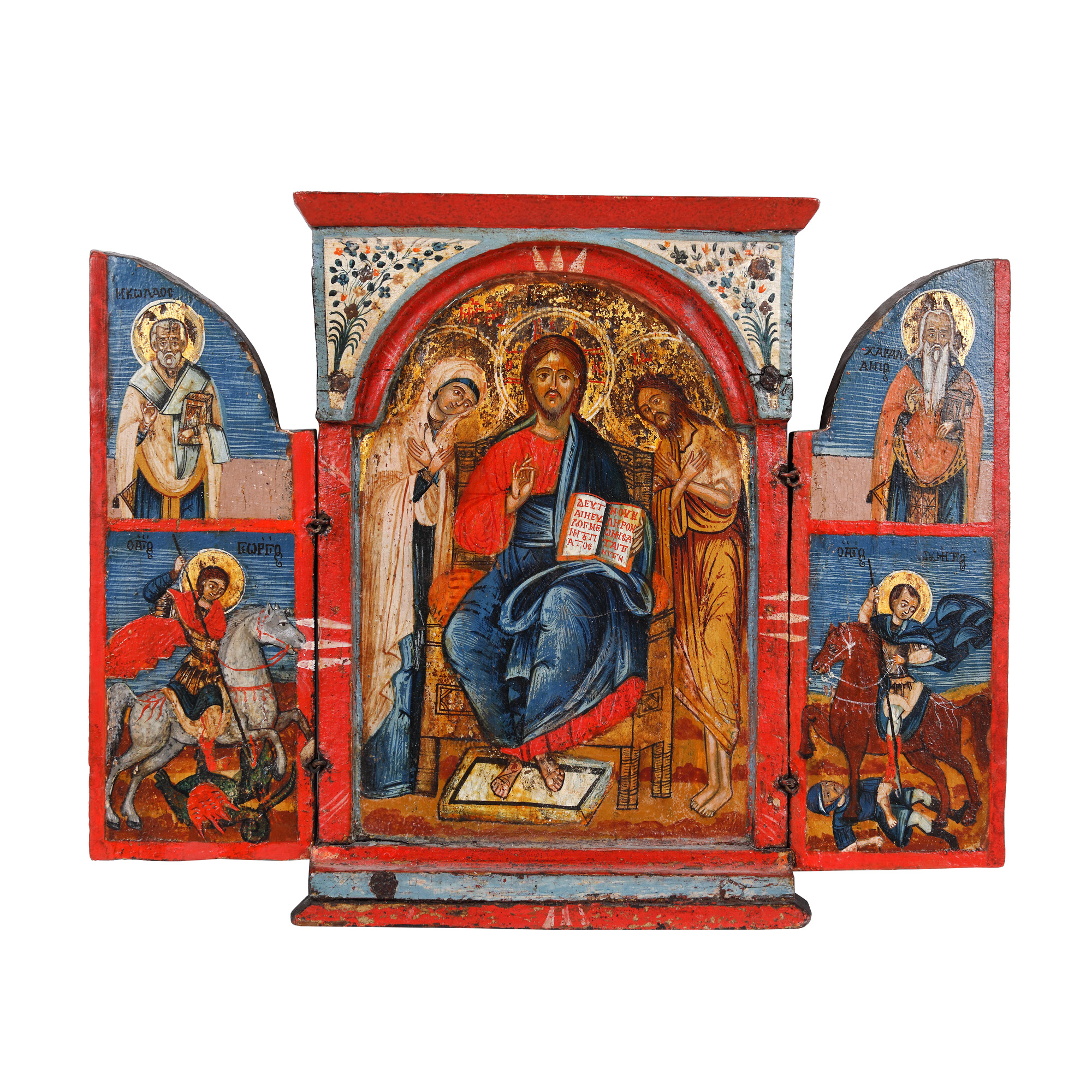 "Deisis, Saint Nicholas, Saint George, Saint Haralambos and Saint Demetrius", triptych, Greek school, mid-18th century, collector's item