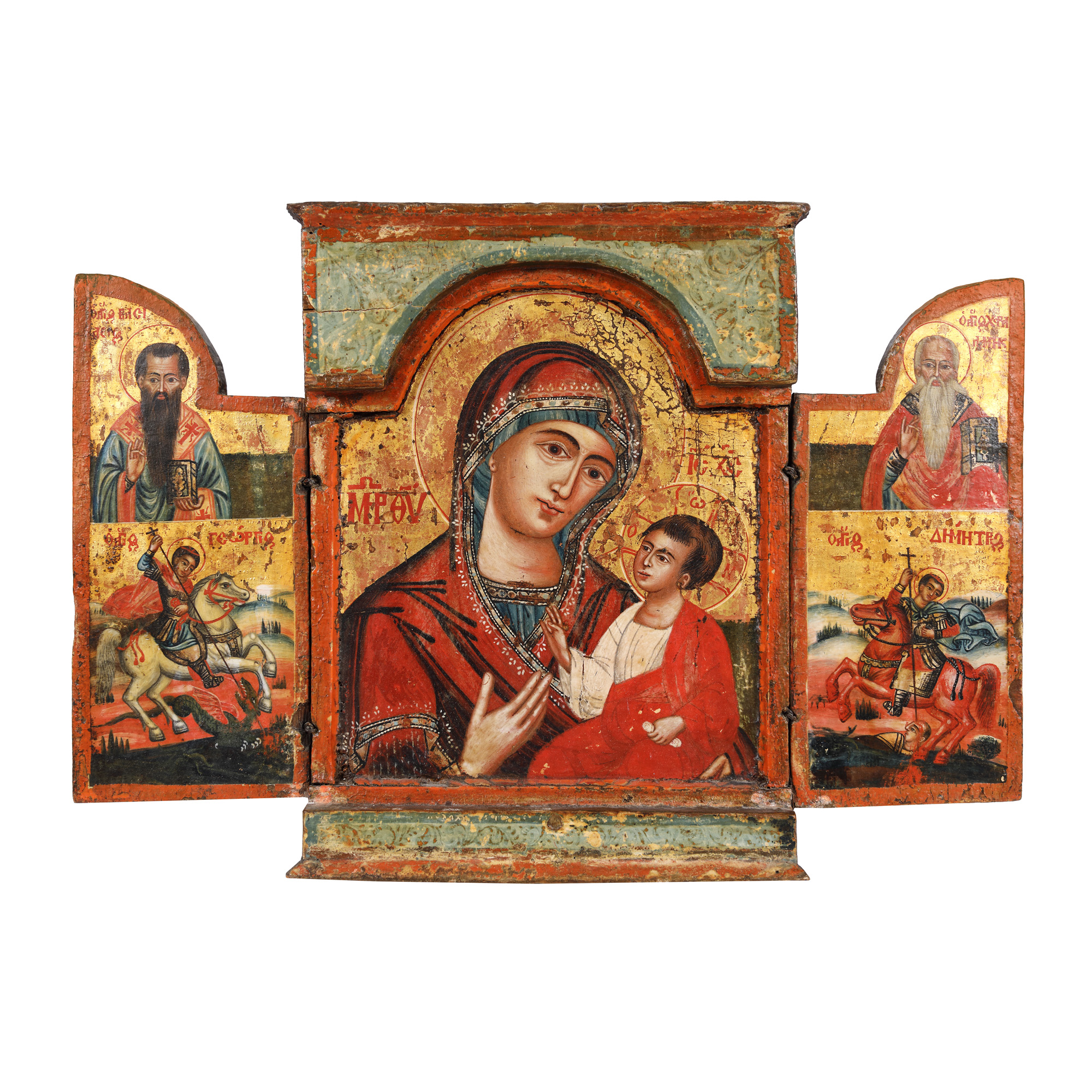 "Mother of God with Christ Child, Saint Basil, Saint George, Saint Haralambos and Saint Demetrius", triptych, Greek school, first half of the 18th century, collector's item
