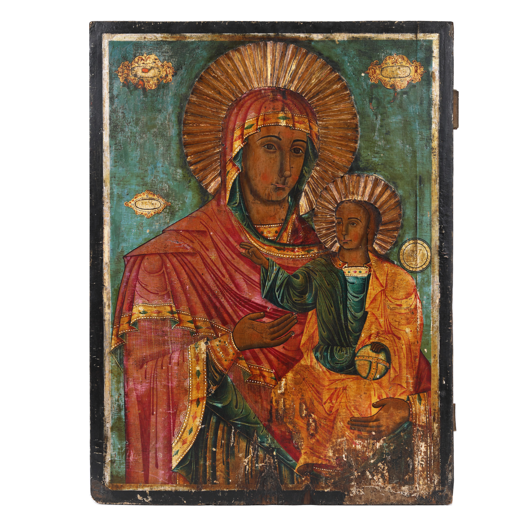"Mother of God with Christ Child (Hodegetria)", royal icon on wood, with carved wrinkle, Romanian school, early 19th century, rare collector's item