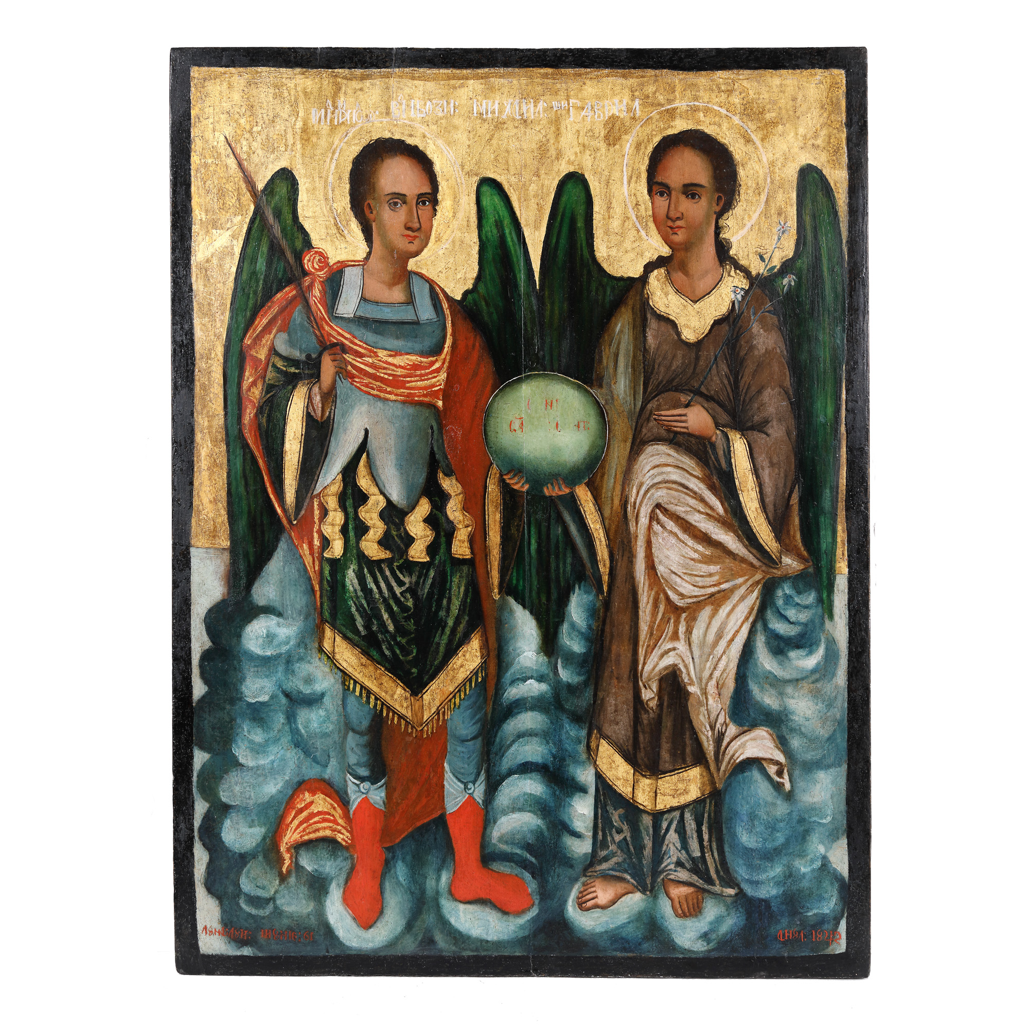 "The Holy Archangels Michael and Gabriel", royal icon on wood, Romanian school, June 6, 1842, rare collector's item